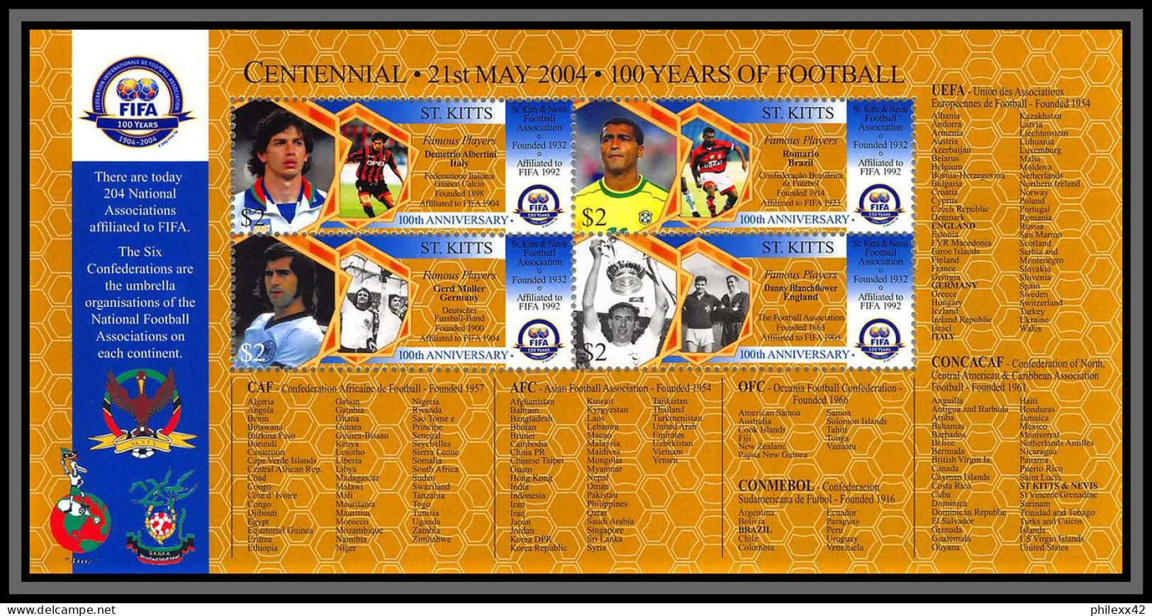 81261 St Kitts YT 1172/1175 Bf 68 100 Years Centenary Fifa Albertini Romario Brazil Muller ** MNH Football Soccer 2004 - Nuevos