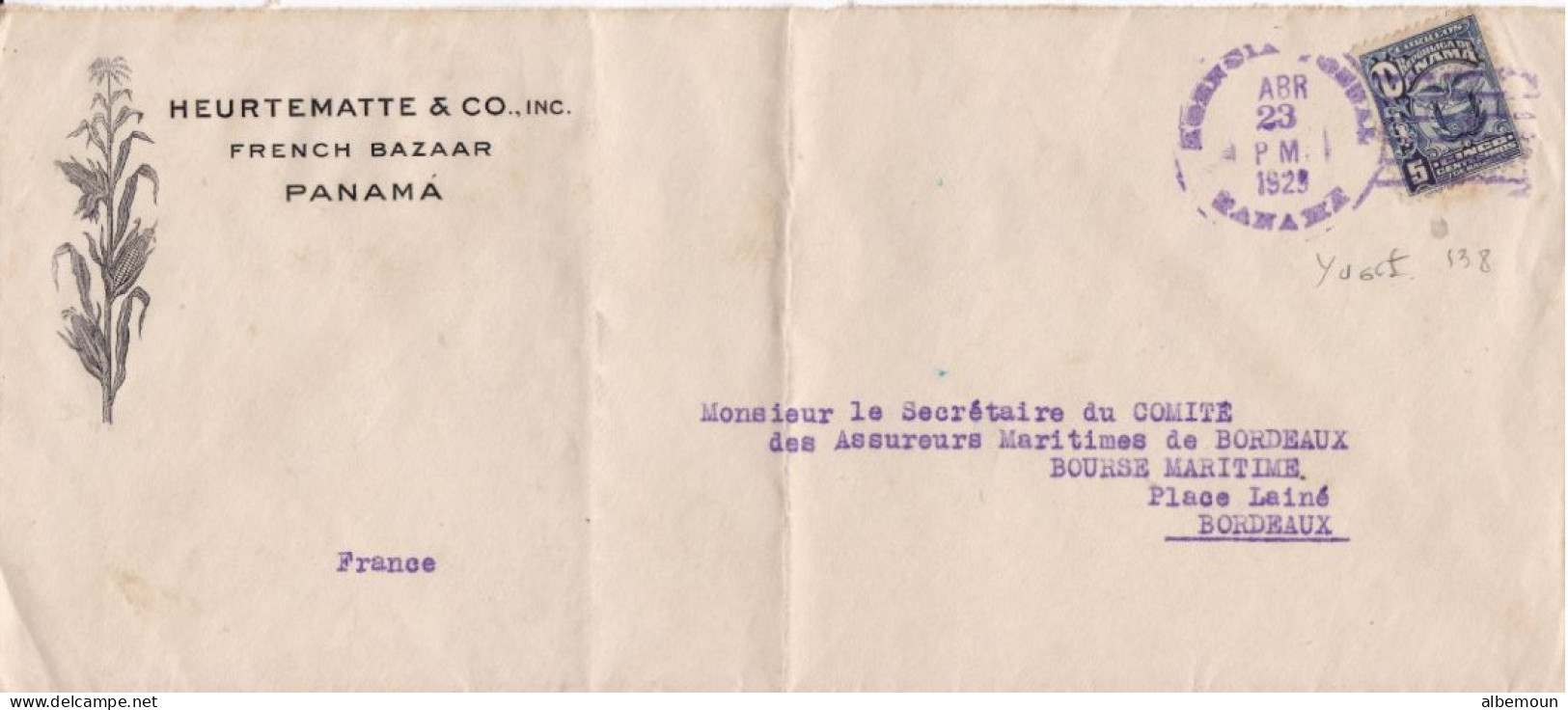 Yvert 138 Sur Lettre LSC Panama Pour Bordeaux 1923 Cachet Bleu - Panama