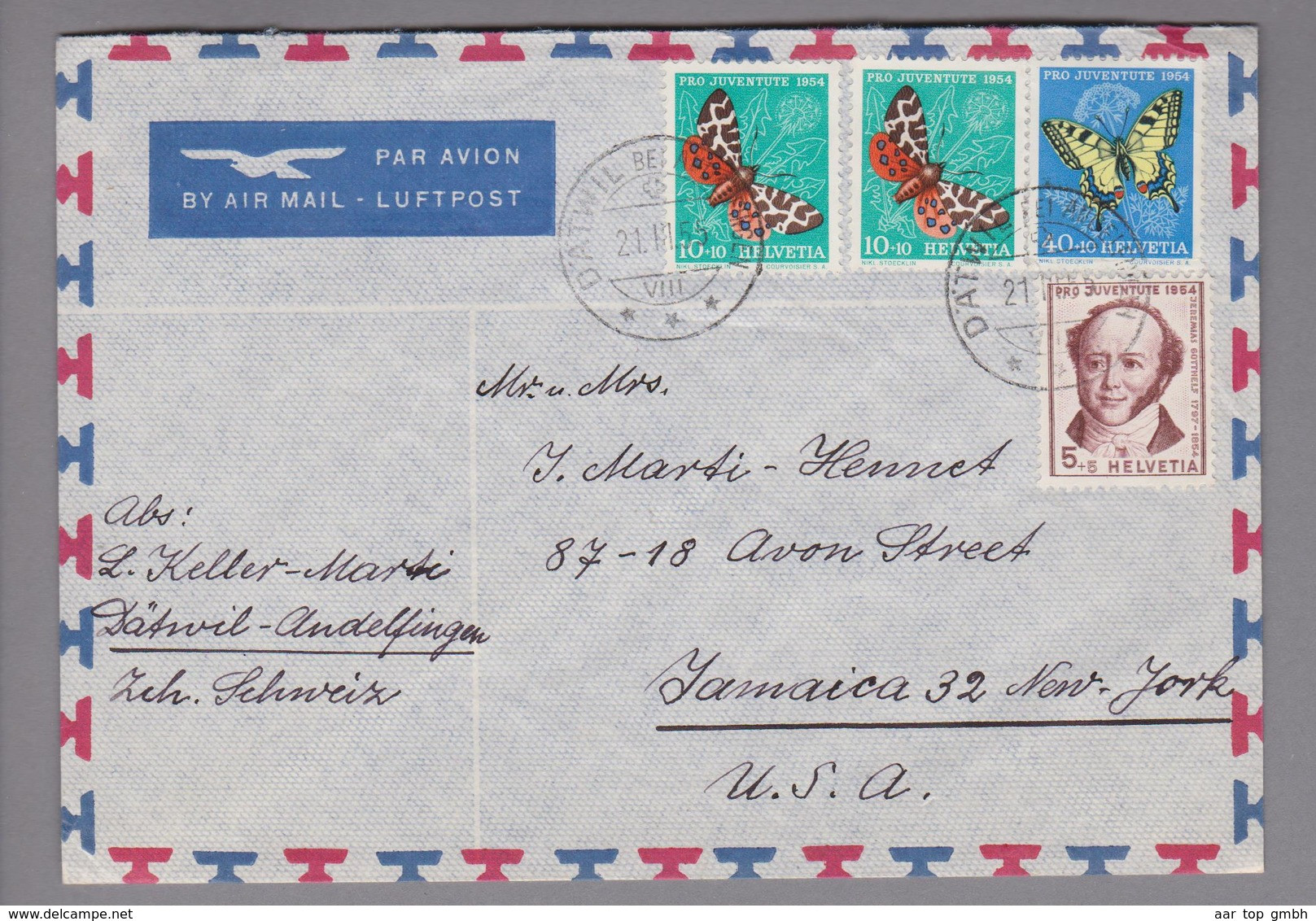 Schweiz Pro Juventute 1955-03-21 Dätwil (ZH) Luftpostbrief Nach Jamaica NY USA 65 Rp. - Lettres & Documents