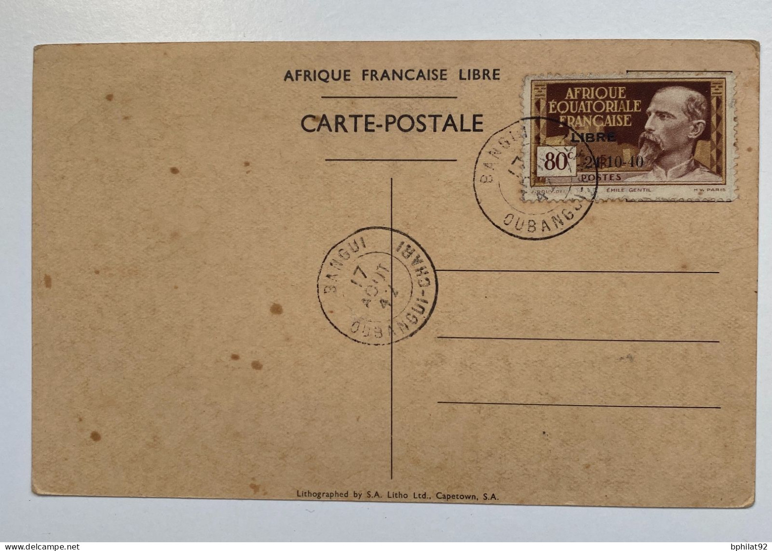 !!! TIMBRE D'AFRIQUE ÉQUATORIALE FRANÇAISE LIBRE, CACHET DE BANGUY 1942 SUR CPA - Autres & Non Classés