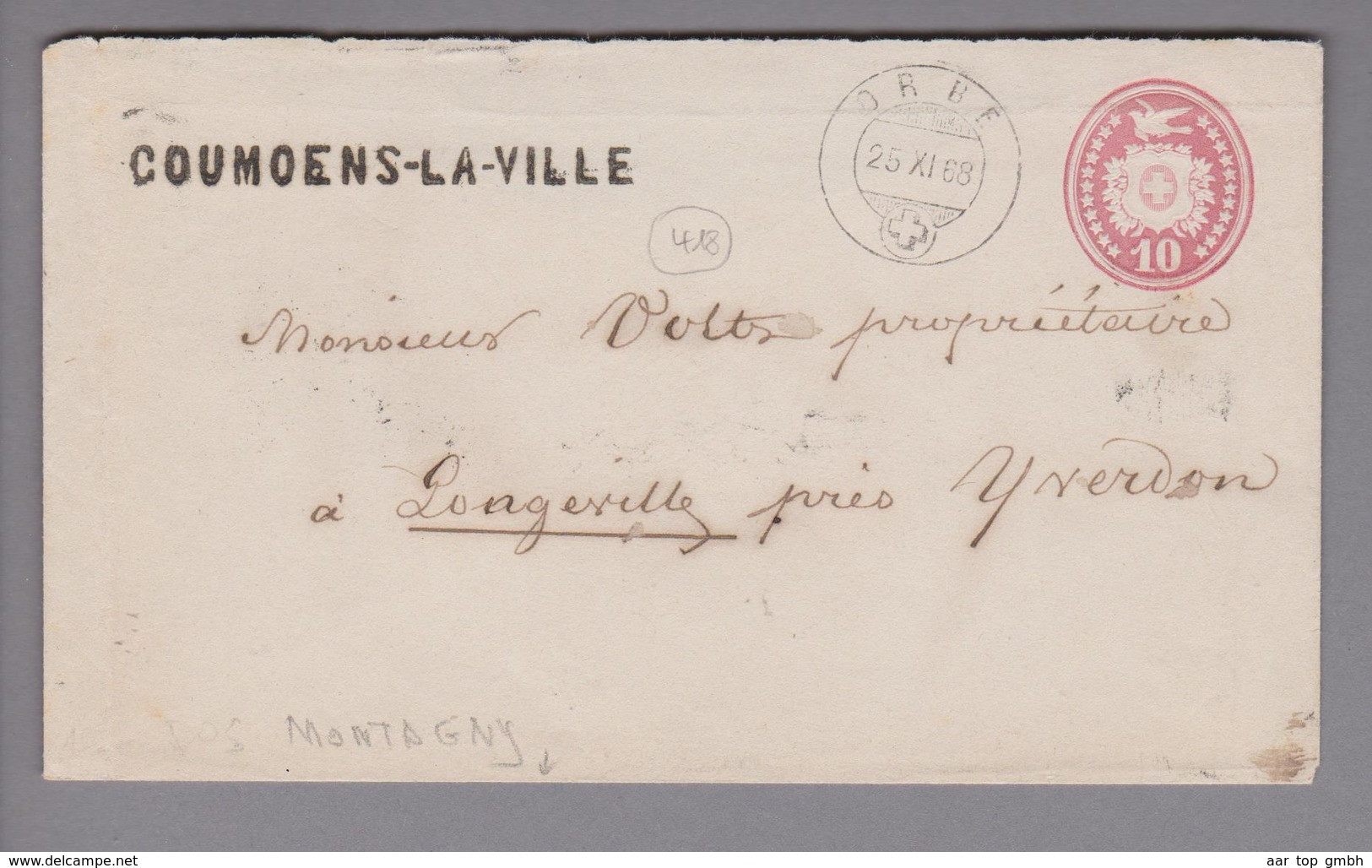 Heimat CH VD Coumoens-la-Ville 1868-112-25 Tüblibrief Nach Longeville (Klappe Fehlt) - Storia Postale