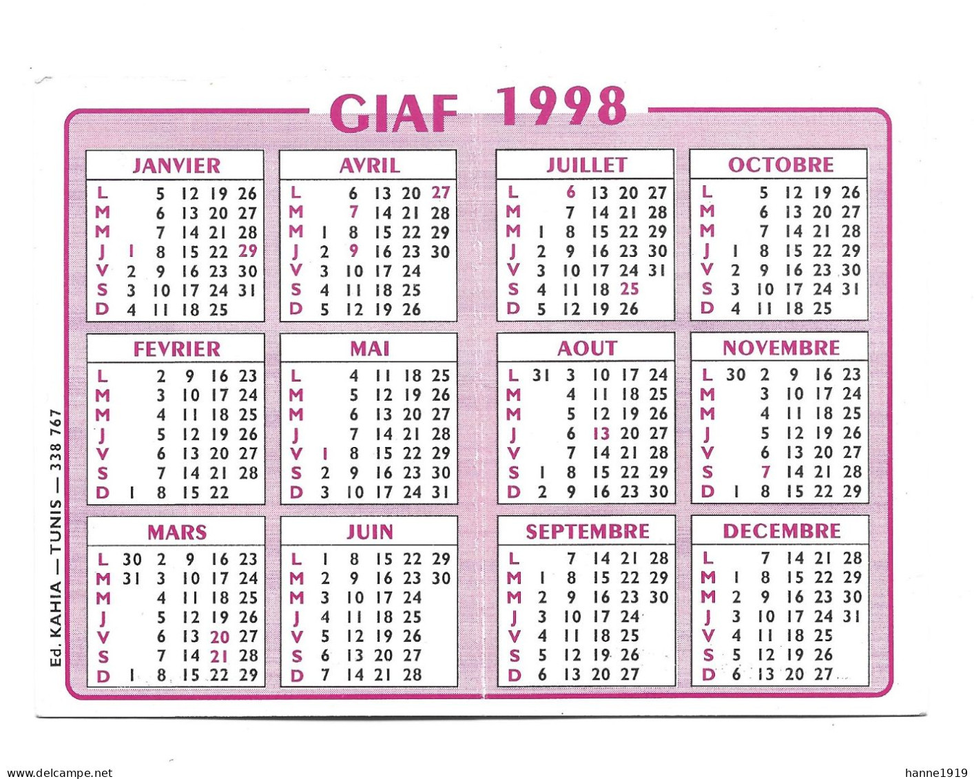 Tunis Rue Ahmed Triki Giaf 1998 Maltaise De Tunisie Calendrier Kalender Calendar Calendario Htje - Small : 1991-00