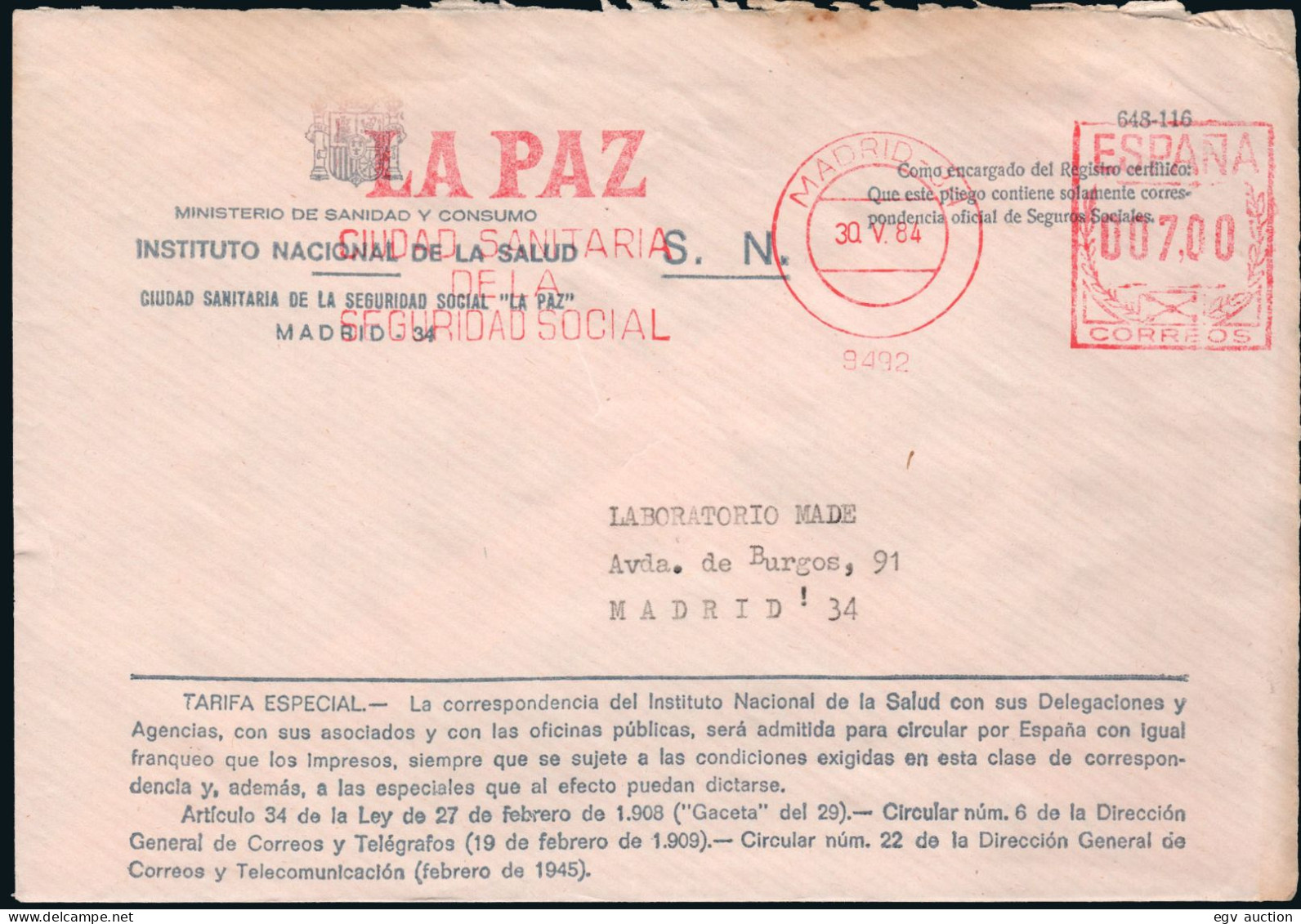Madrid - Sobre Con Franqueo Mecánico "La Paz - Ciudad Sanitaria De Seguridad Social 30/V/84" - Cartas & Documentos