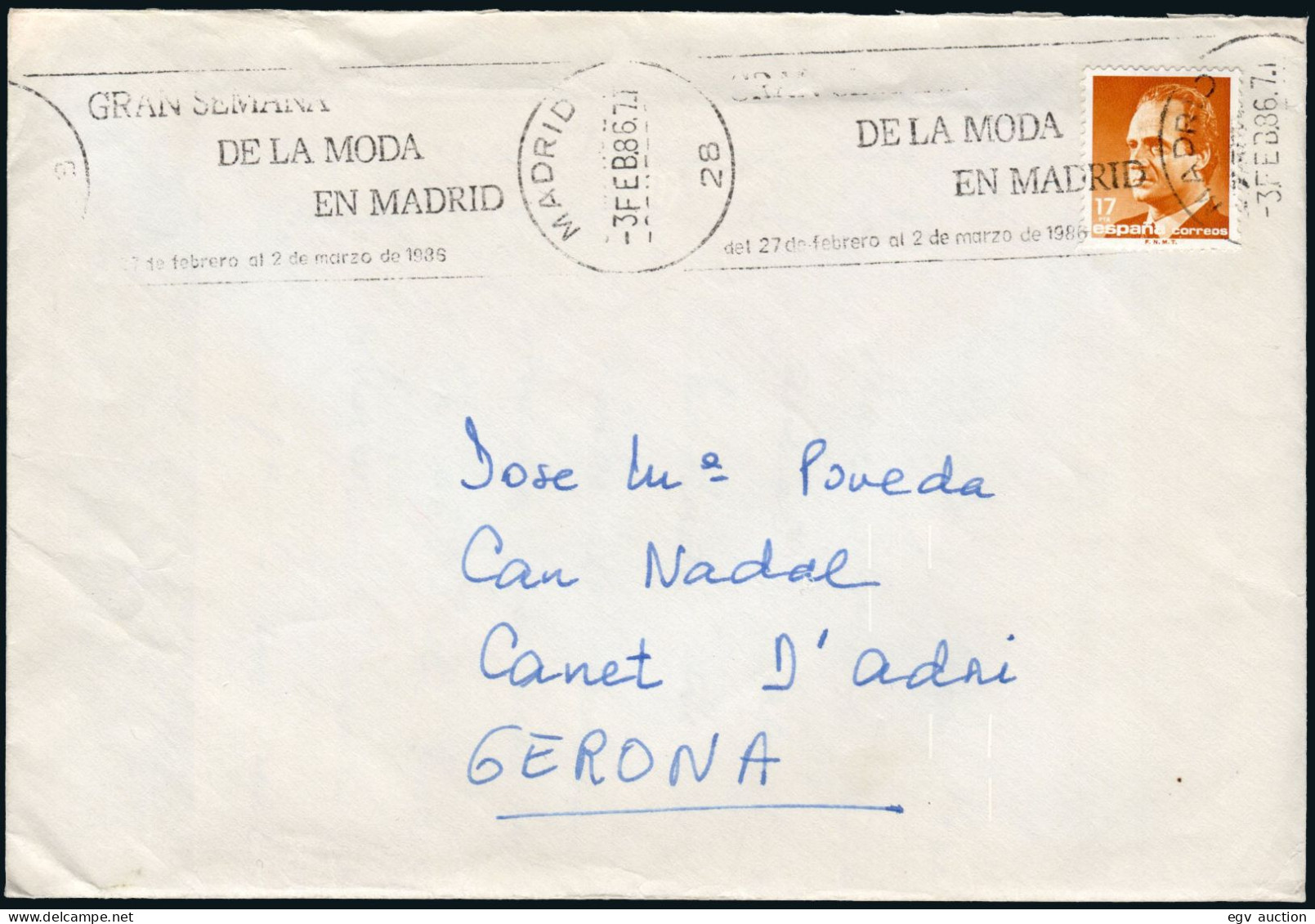 Madrid - Edi O 2799 - Mat Rodillo "Madrid 03/02/86 - Gran Semana De La Moda En Madrid" A Gerona - Cartas & Documentos