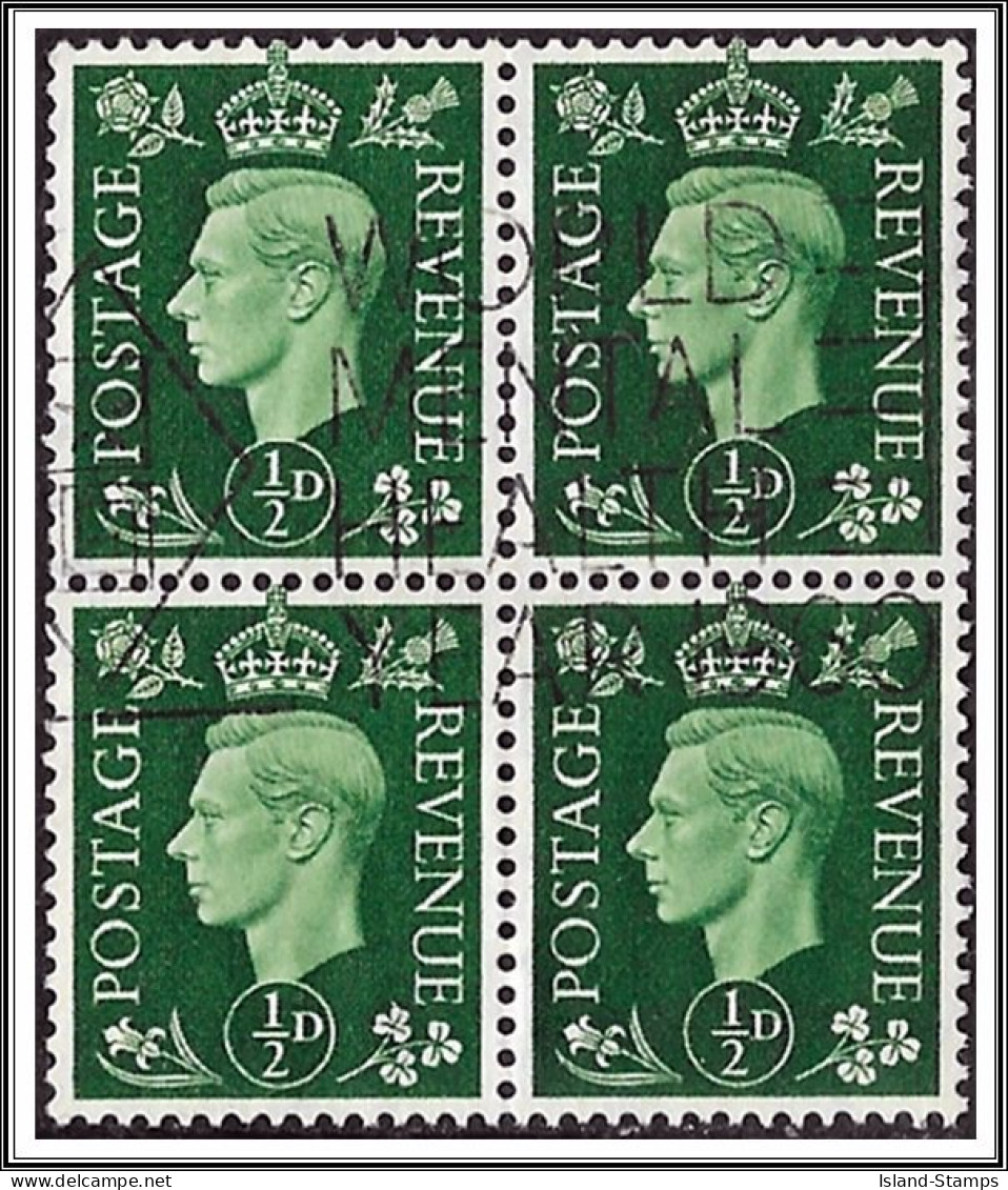 KGVI SG462 ½d Green Block (4) Good Used Hrd2a - Usados