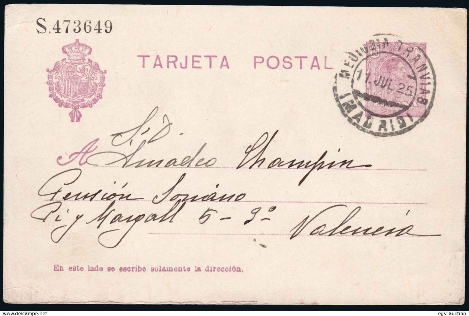 Madrid - Edi O 50 - Entero Postal Mat "Mediodía Tranvías - Madrid 11/Jul./25" A Valencia - 1850-1931