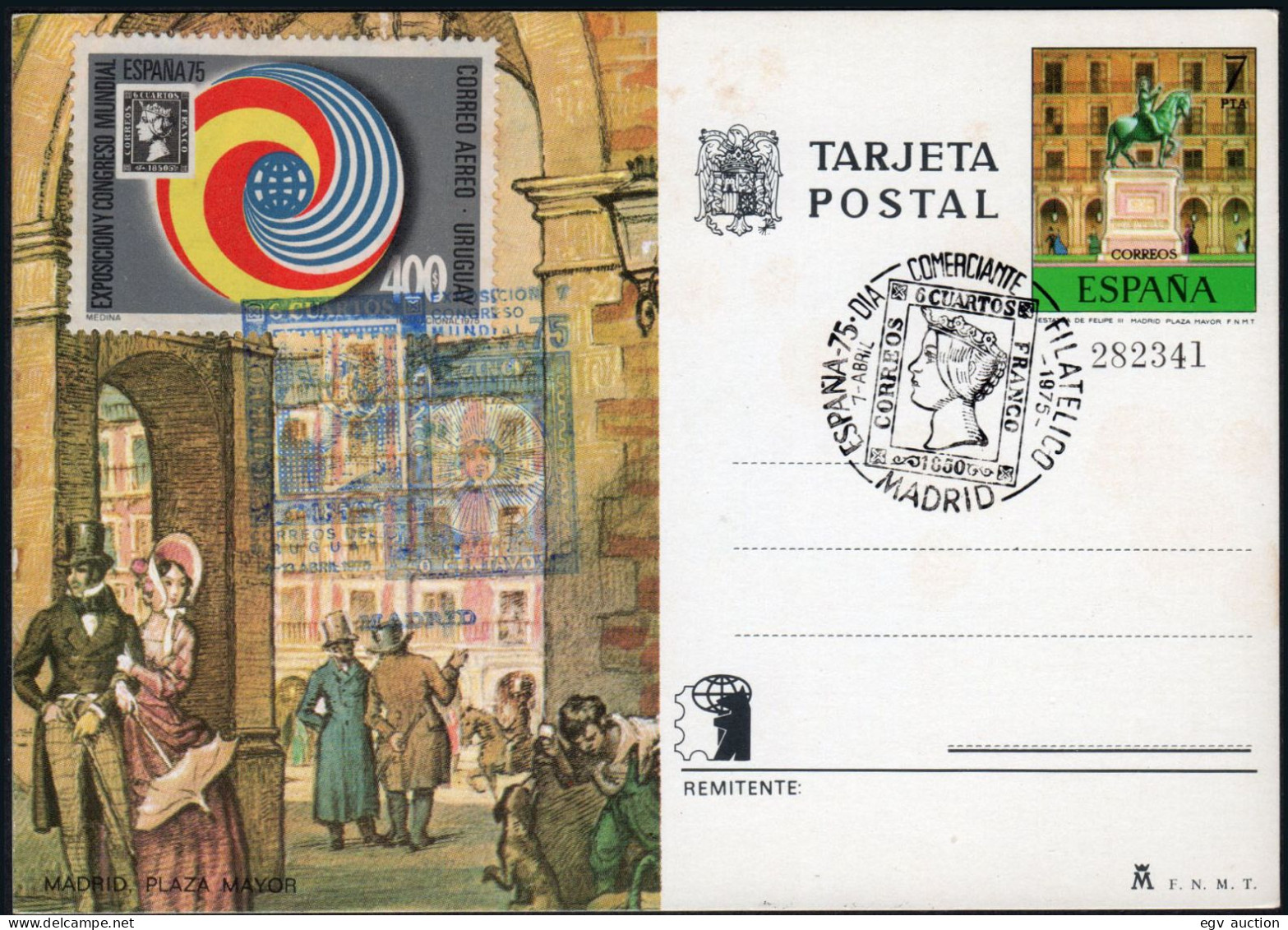 Madrid - Edi O 109 - Entero Postal Mat "España 75 - Día Comerciante 7/4/75" + Sello Uruguay - 1931-....