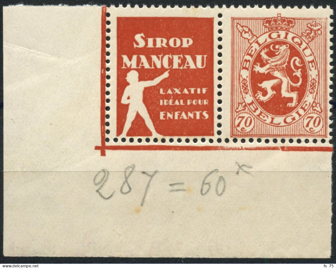 BELGIQUE - COB 45 - 70C LION HERALDIQUE TIMBRE PUBLICITAIRE "MANCEAU" - NEUF - Ungebraucht