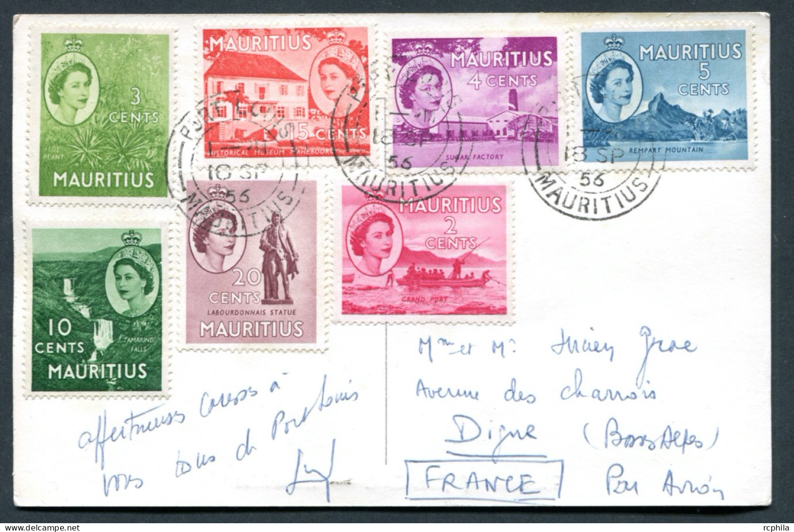 RC 27427 ILE MAURICE 1956 PORT LOUIS BEL AFFRANCHISSEMENT SUR CARTE POSTALE PAR AVION POUR LA FRANCE - Mauritius (...-1967)