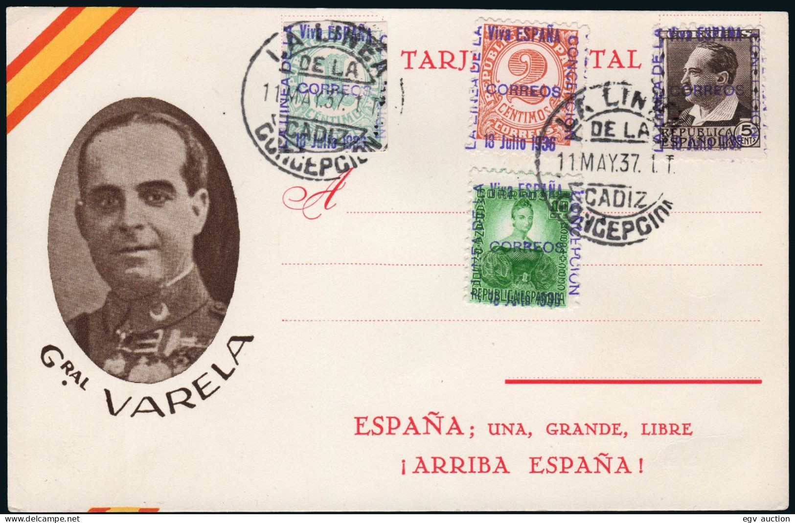 Cádiz - Guerra Civil - Sellos Patrióticos - Postal Patriótica (General Varela) Mat "La Línea 11/May./37" - Nationalistische Ausgaben