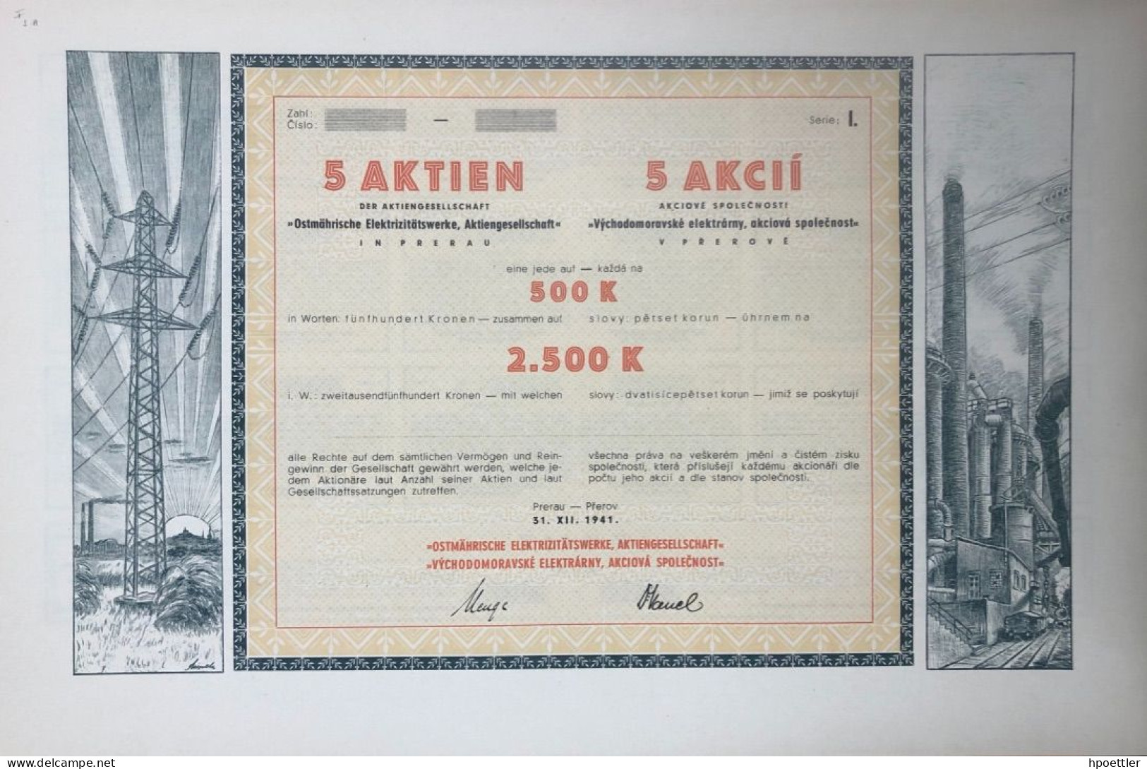 Prerov 31.12.1941: Action AG "Östmährische Elektrizitäts AG Prerau" 500 Kronen - Elettricità & Gas