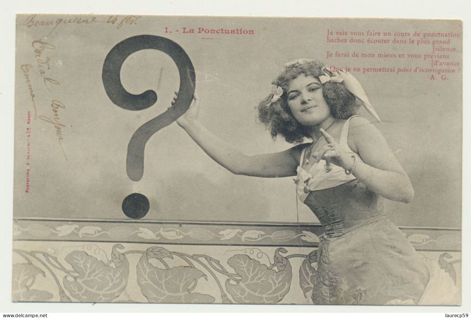 Carte Fantaisie Femme - La Ponctuation N° 1 - Le Point D'interrogation - Phototypie BERGERET - Bergeret