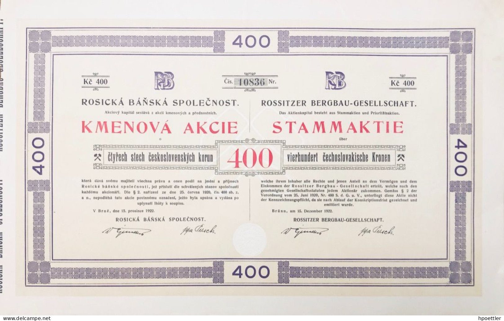 Brünn 1922: Rosicka Banska Spolecnost - Action Ordinaires 400 Kronen - Mines