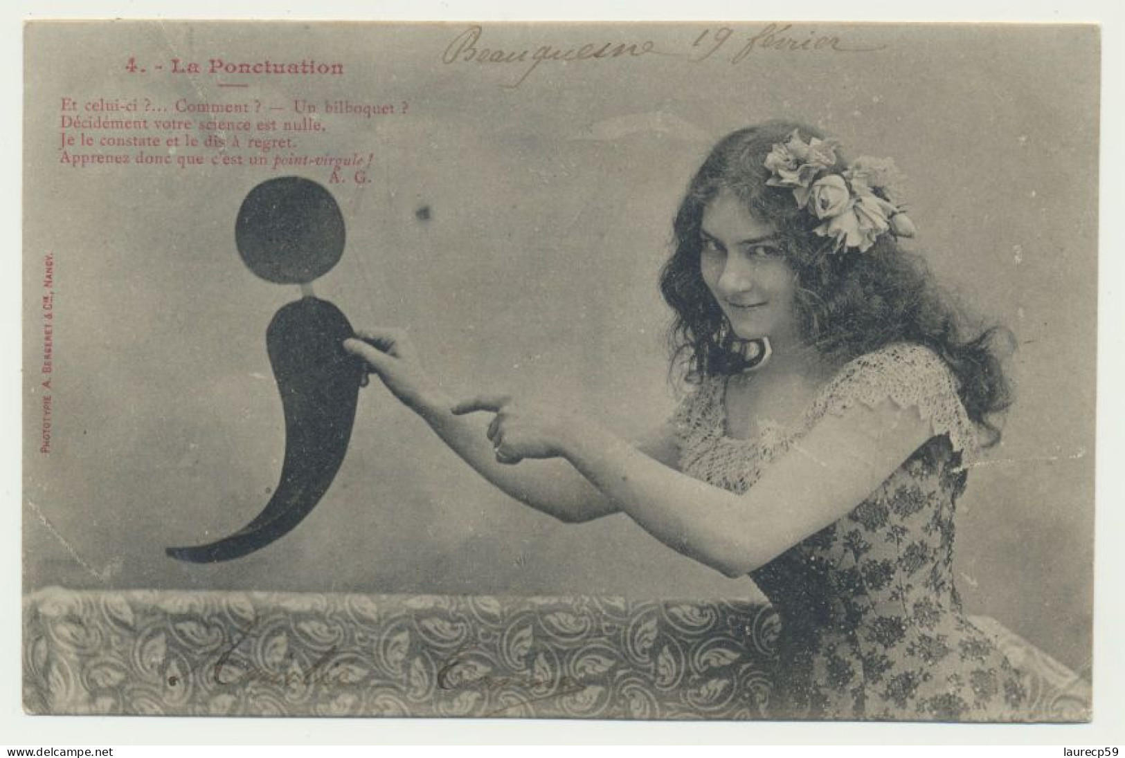 Carte Fantaisie Femme - La Ponctuation N° 4 - Le Point Virgule  - Phototypie BERGERET - Bergeret