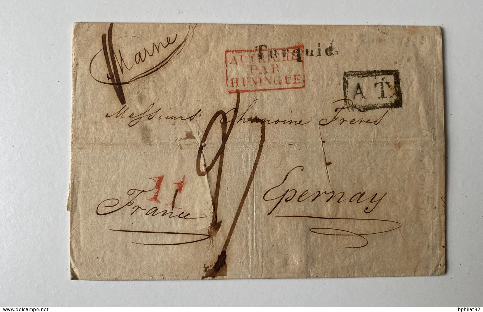 !!!  LETTRE DE CONSTANTINOPLE DE 1837 POUR LA FRANCE MARQUE D'ENTRÉE HUNINGE AUTRICHE, ARRIVÉE AU DOS - Entry Postmarks