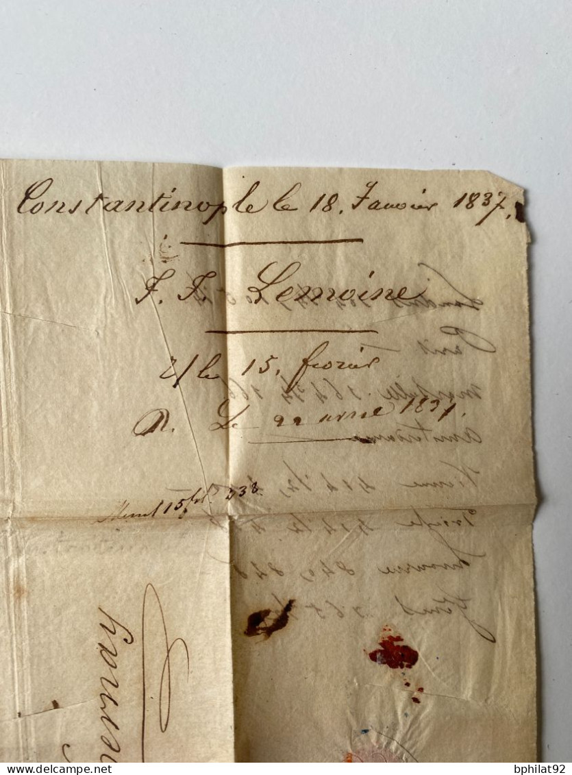 !!!  LETTRE DE CONSTANTINOPLE DE 1837 POUR LA FRANCE MARQUE D'ENTRÉE HUNINGE AUTRICHE, ARRIVÉE AU DOS - Entry Postmarks