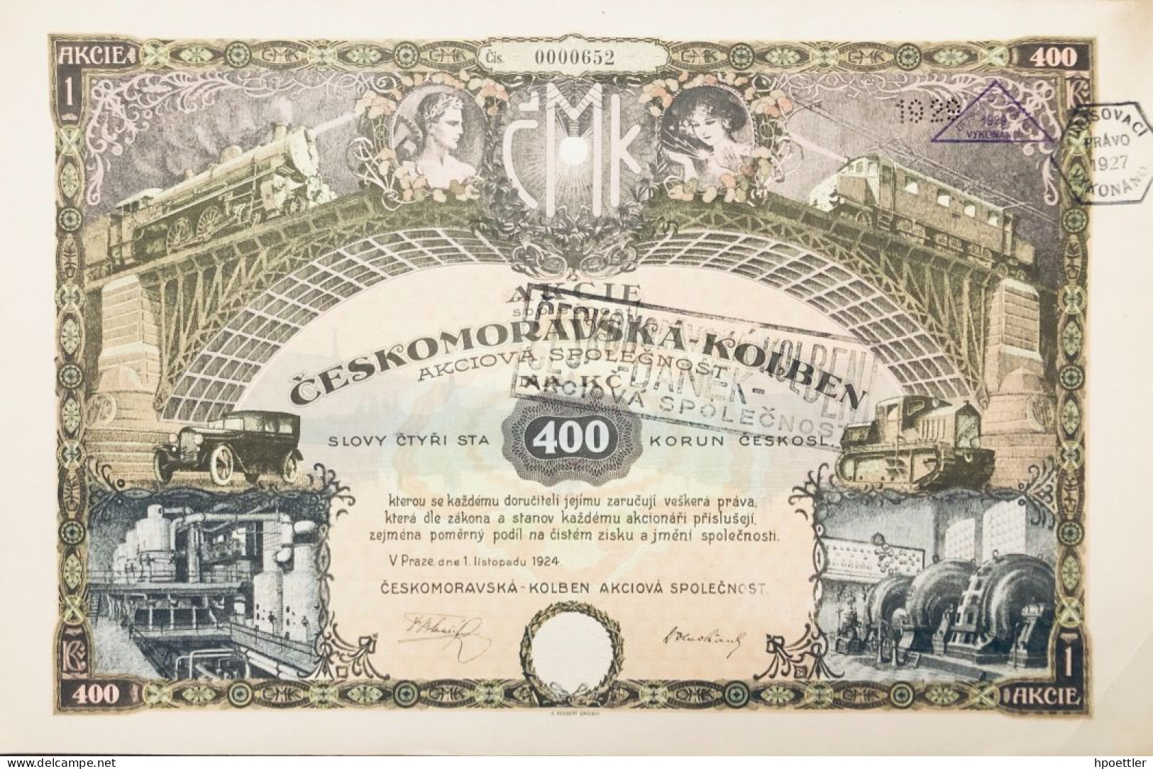 Part De Fondateur Prag 1924: Action Ceskosmoravska-Kolben - 400 Kronen - Railway & Tramway