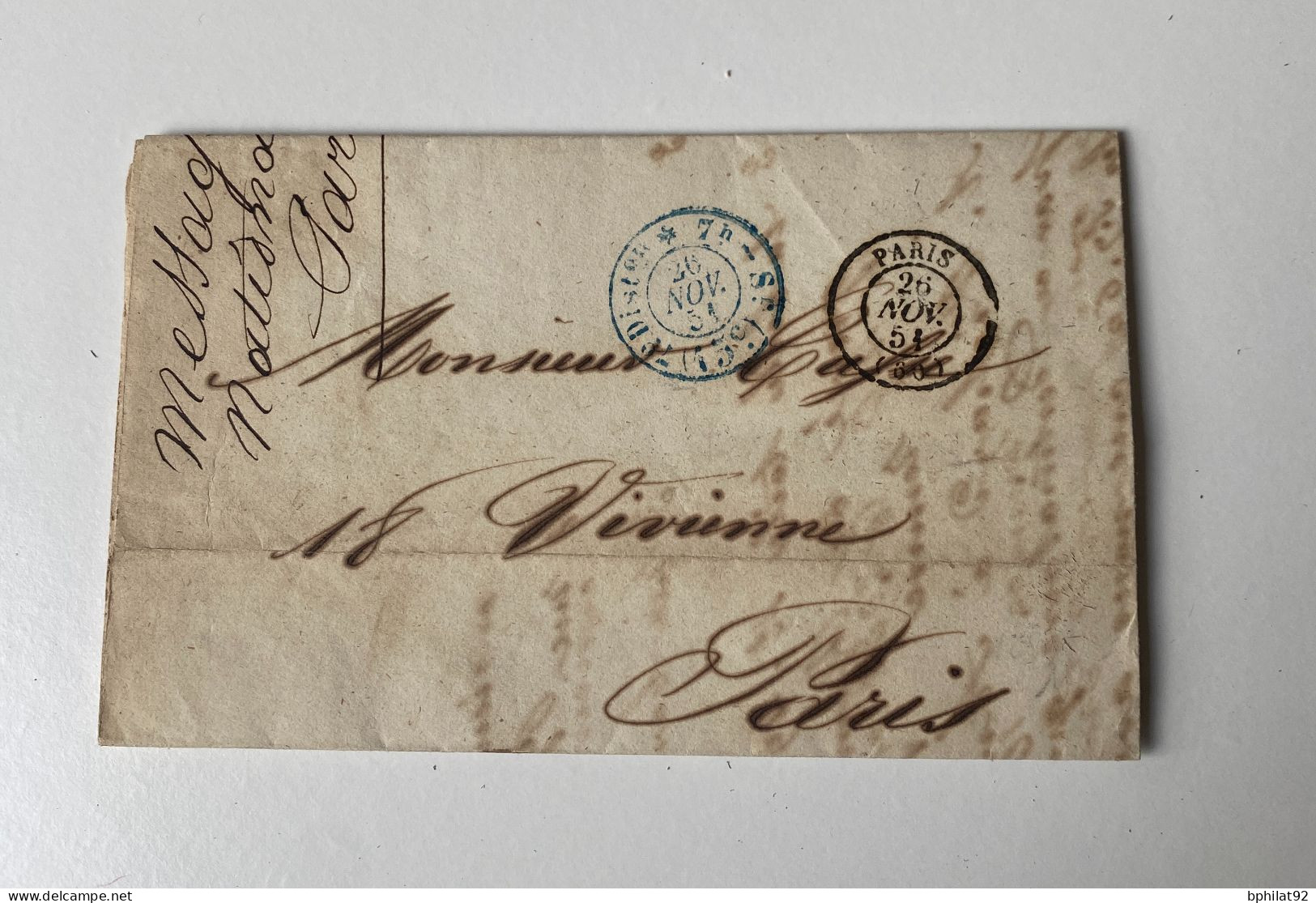 !!! FRANCE,  LETTRE DE PARIS POUR PARIS 26/11/1851 NON AFFRANCHIE TAXÉE À 45C. - Other & Unclassified