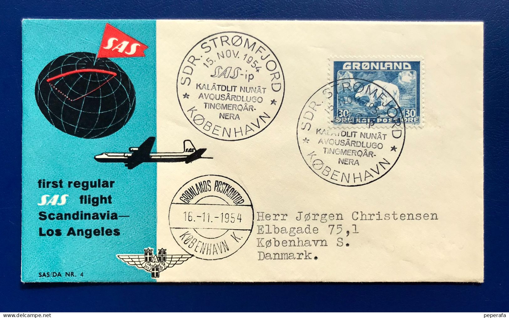 Denmark, Greenland GRØNLAND 1954 SAS Første Flyvning Sdr. Strømfjord - København 15-11-1954 - FDC