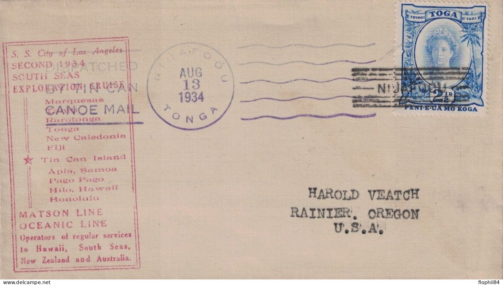 TONGA - NIUAFOOU - ENVELOPPE POUR LES USA - DISPACHED BY TIN CAN CANOE MAIL - LE 13-8-1934. - Tonga (...-1970)