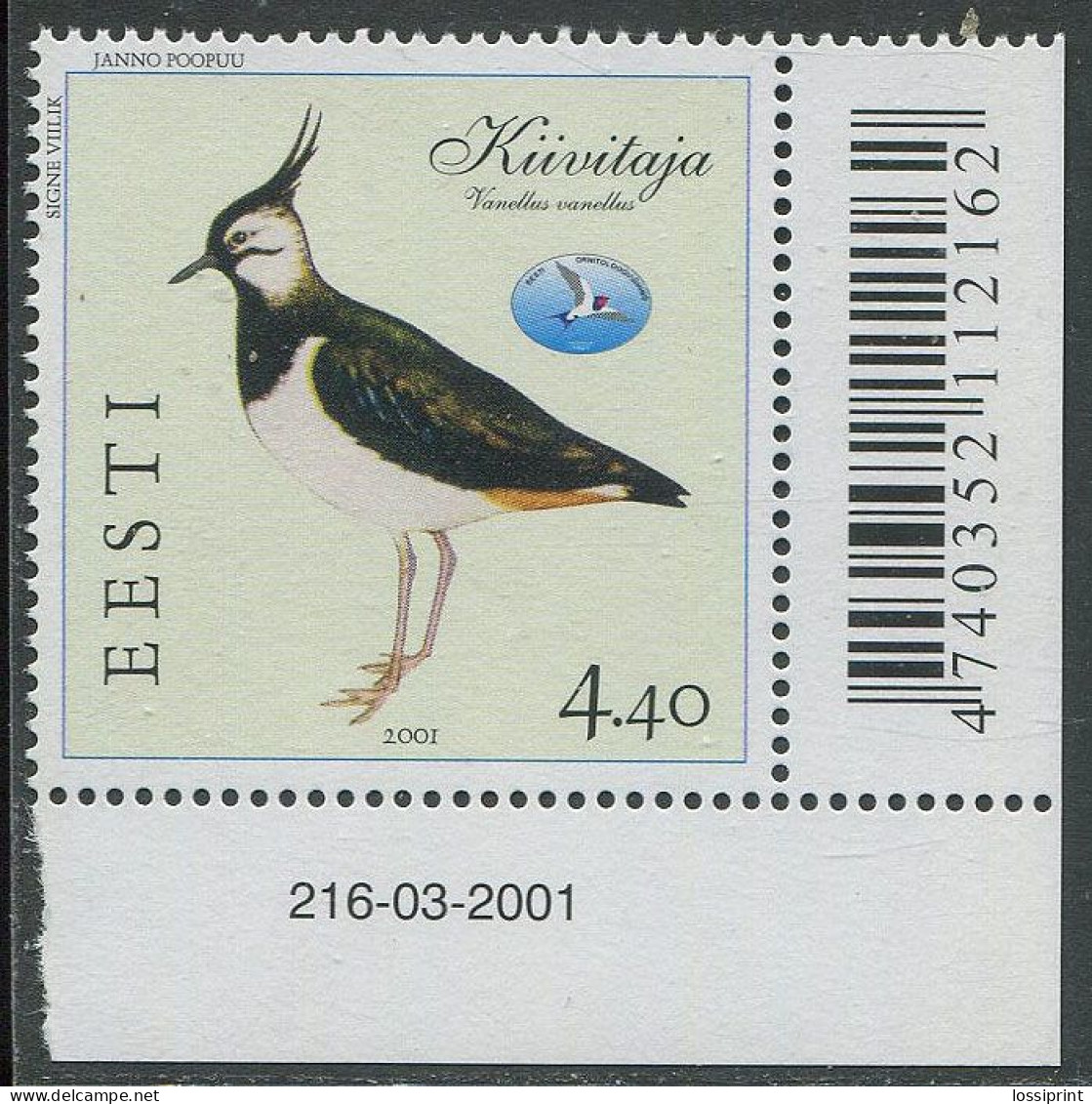 Estonia:Unused Stamp Bird Of The Year, Peewit, 2001, Corner, MNH - Estonie