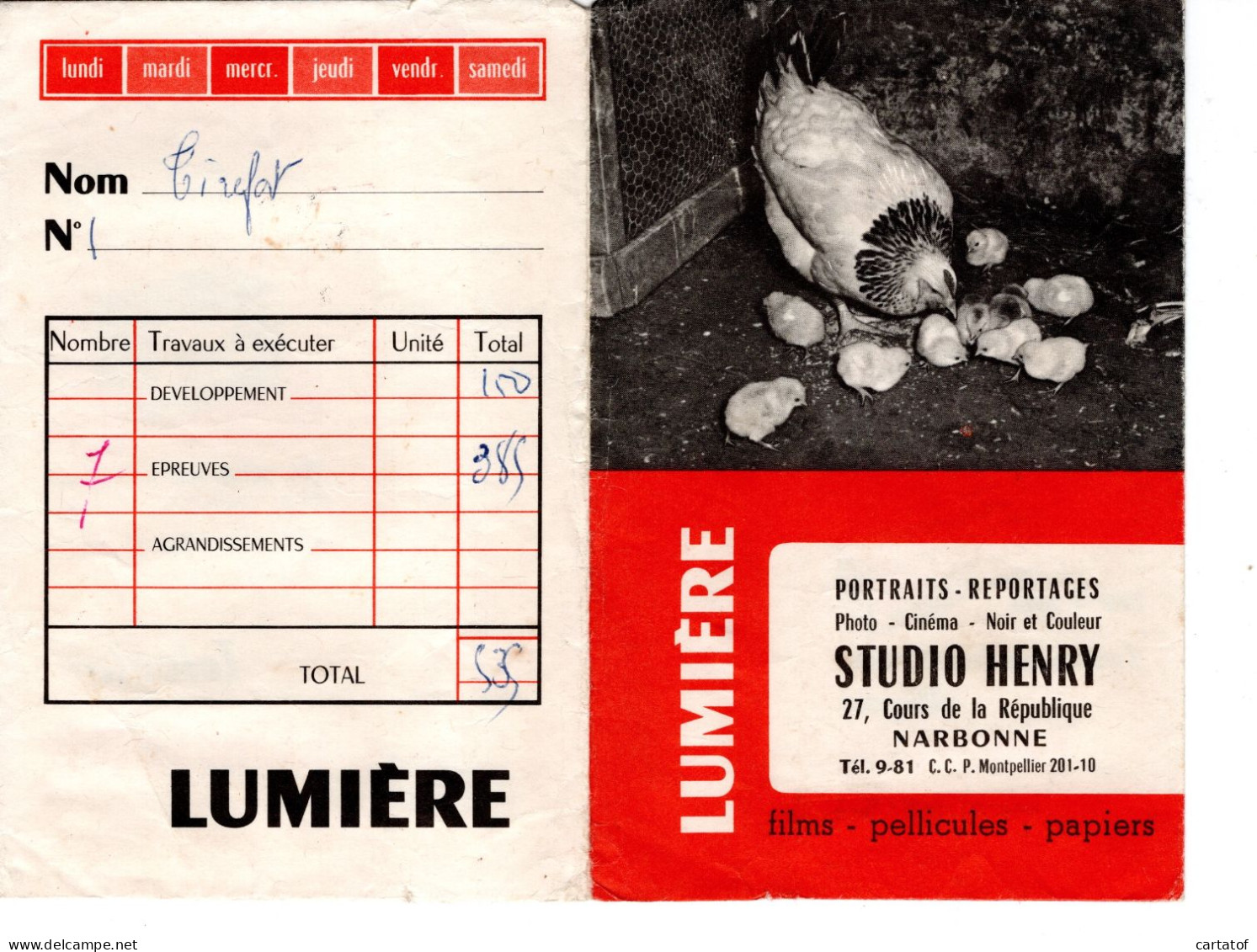 Pochette Papier Photographe . LUMIERE .  STUDIO HENRY à NARBONNE . - Supplies And Equipment
