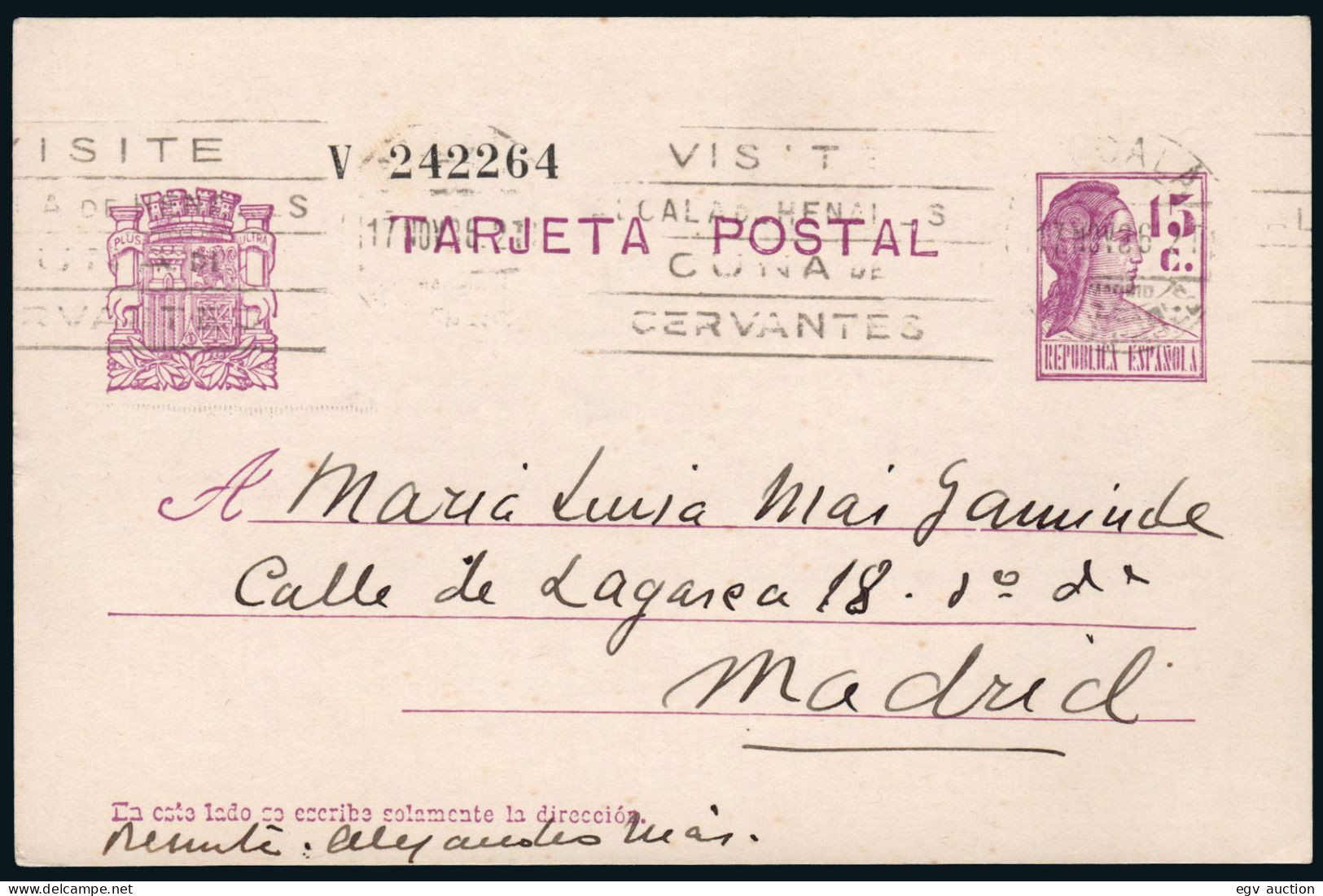 Madrid - Edi O EP 69b - Entero Postal (serie V) - Mat Rodillo "Alcalá - Viste Alcalá Henares Cuna De Cervantes 15/11/36" - 1931-....