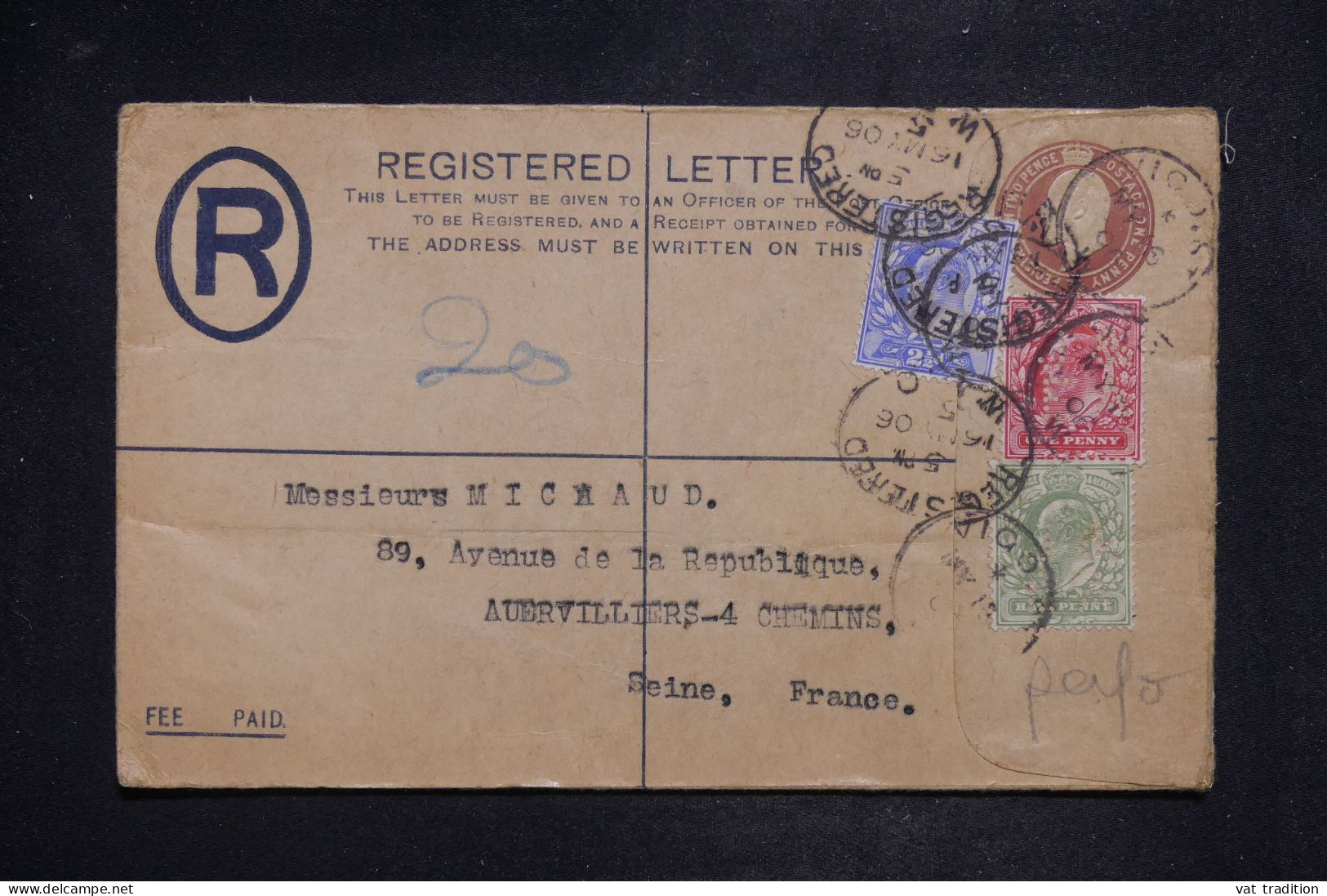 ROYAUME UNI - Entier Postal + Compléments ( Perforés ) En Recommandé Pour La France En 1906 - L 151594 - Interi Postali