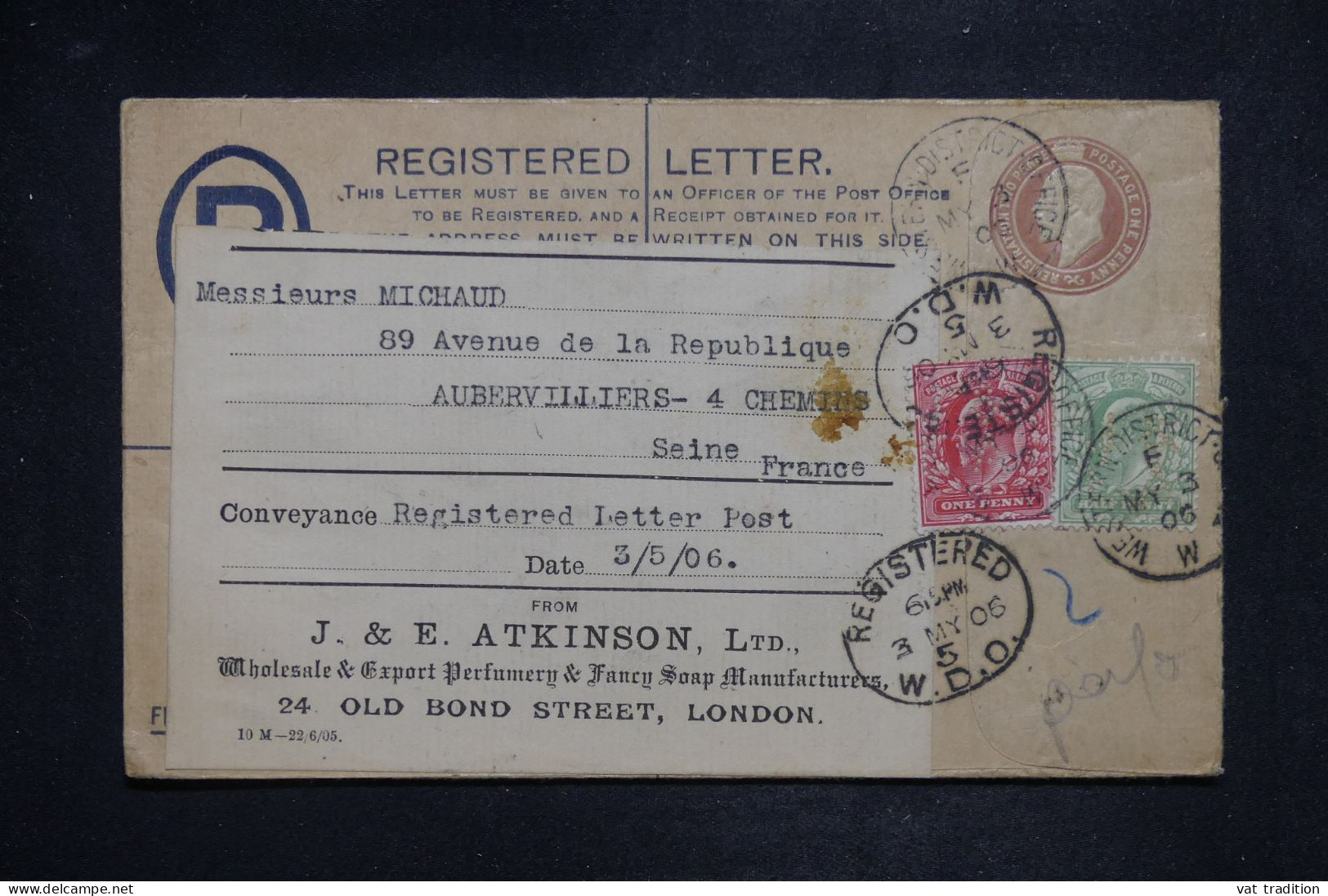 ROYAUME UNI - Entier Postal + Compléments ( Perforés ) En Recommandé De Londres Pour La France En 1906 - L 151595 - Luftpost & Aerogramme