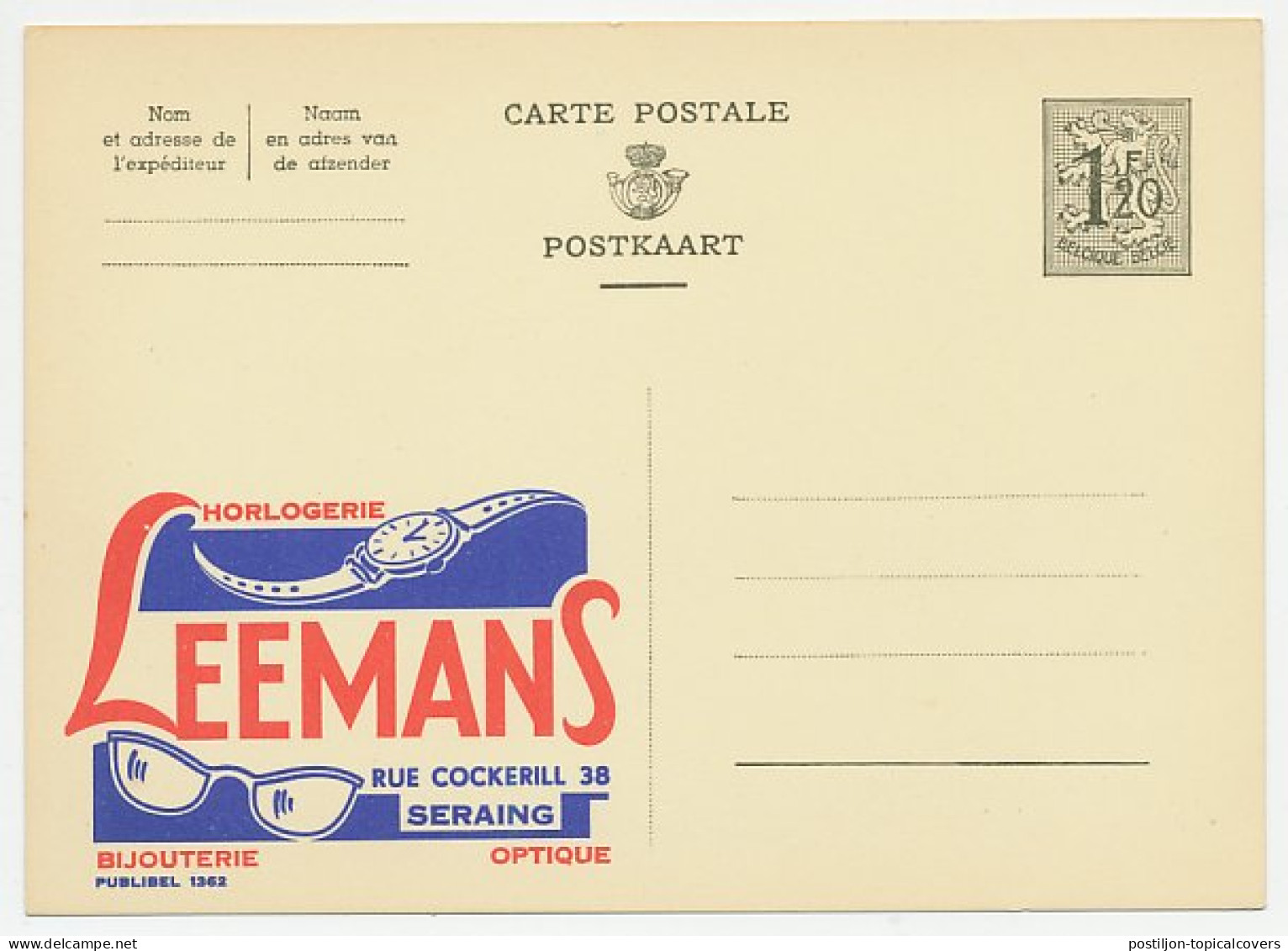 Publibel - Postal Stationery Belgium 1954 Watch - Glasses - Optician - Clocks