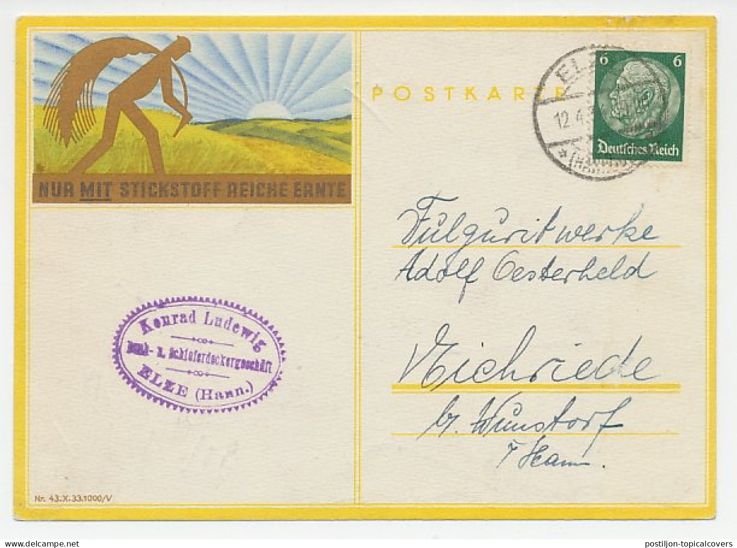 Illustrated Card Deutsches Reich / Germany 1934 Fertilizer - Mower - Nitrogen - Landwirtschaft