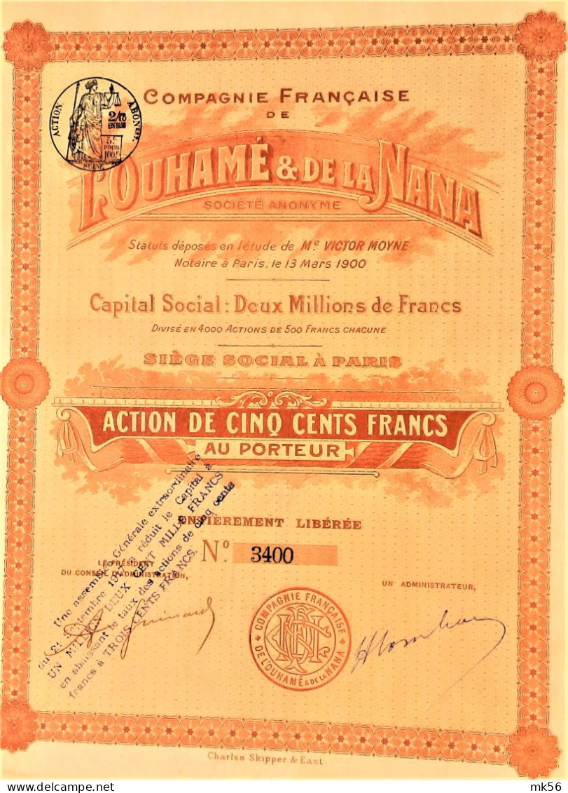 Compagnie Française De L'Ouhamé & De La Nana - Action De 500 Francs (1900) - Africa