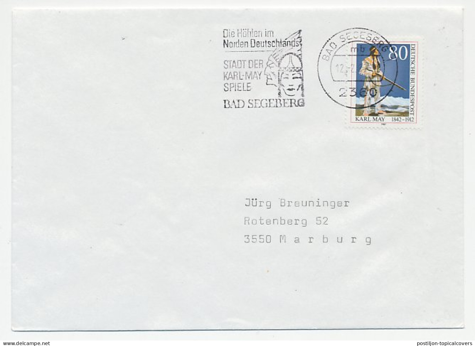 Cover / Postmark Germany 1987 Karl May - Writer - Indian - Winnetou - Indiens D'Amérique
