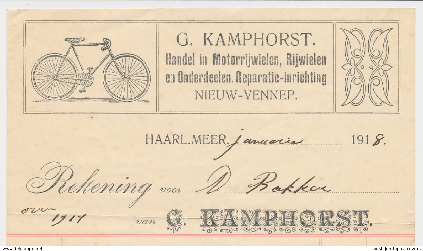 Nota Nieuw Vennep / Haarlemmermeer 1918 - Fiets - Motorrijwiel  - Holanda