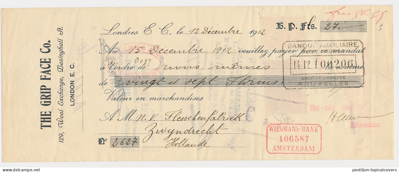 Plakzegel 5 Ct Den 19.. - Wisselbrief Brussel / Zwijndrecht 1912 - Fiscali