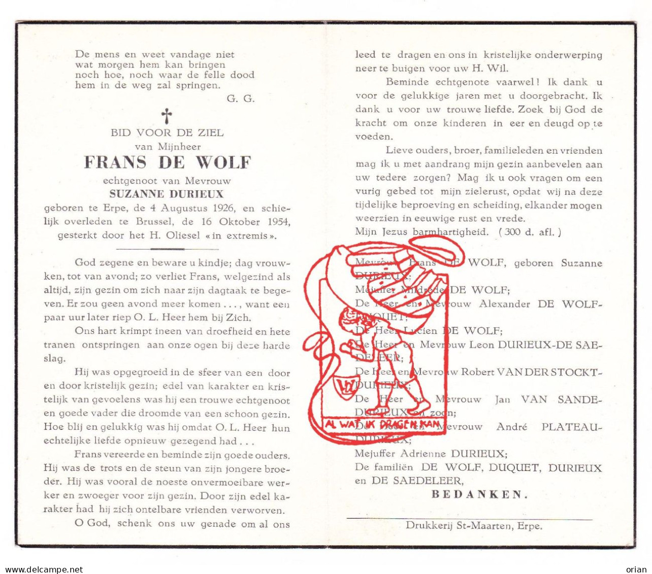 DP Frans De Wolf ° Erpe Erpe-Mere 1926 † Brussel 1954 X S. Durieux // Duquet De Saedeleer Vanderstockt Van Sande Plateau - Images Religieuses