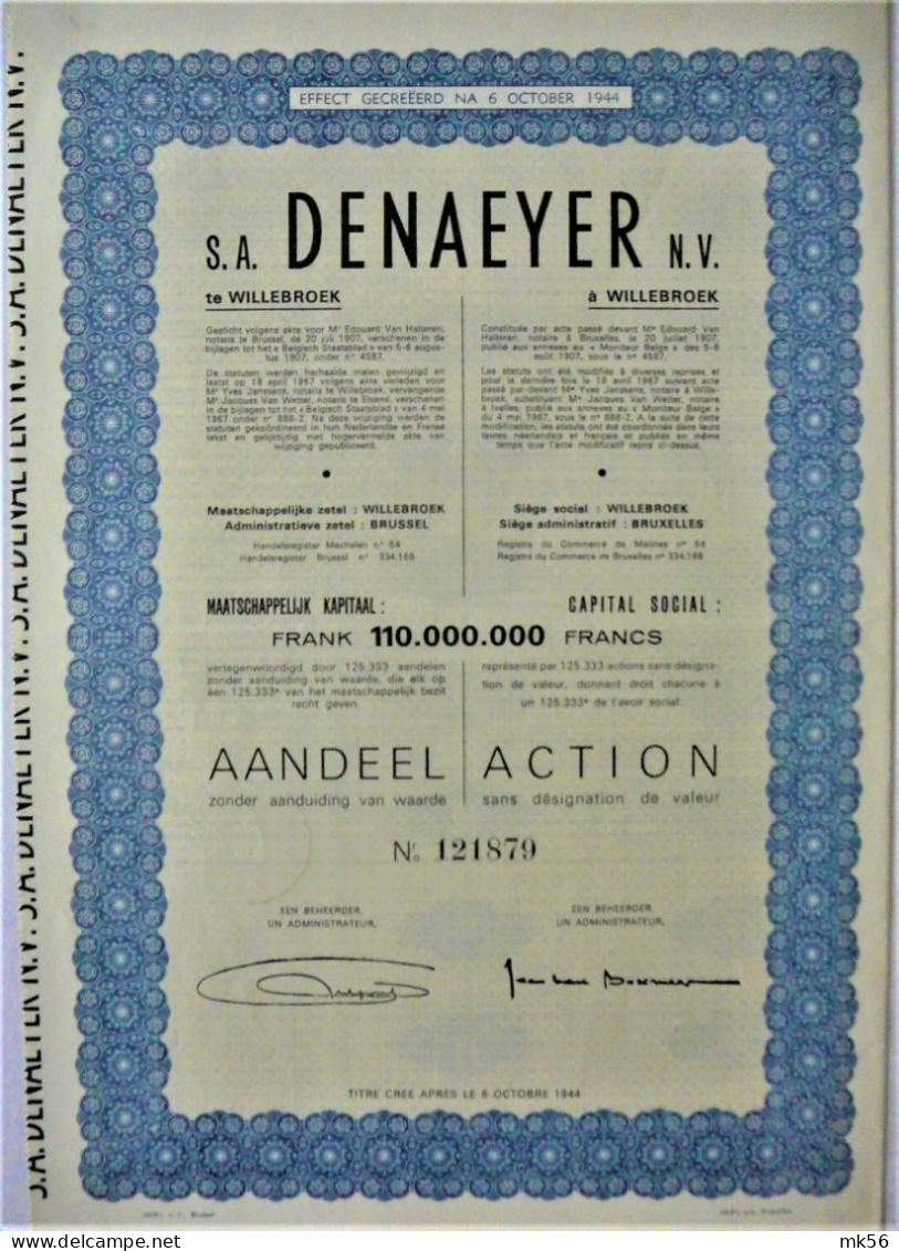 S.A. Denaeyer - Aandeel (Willebroek) -1967 - Industry