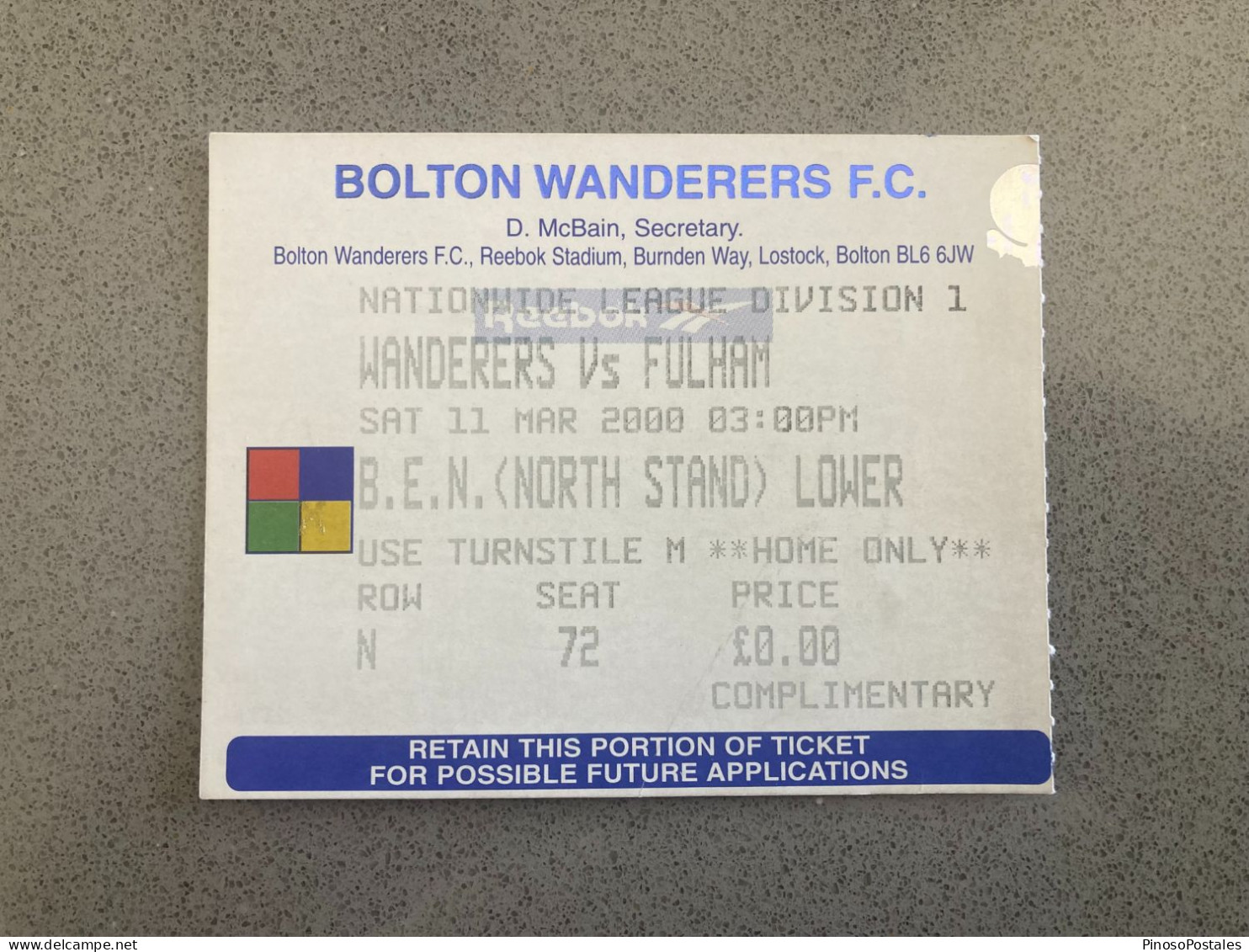 Bolton Wanderers V Fulham 1999-00 Match Ticket - Eintrittskarten