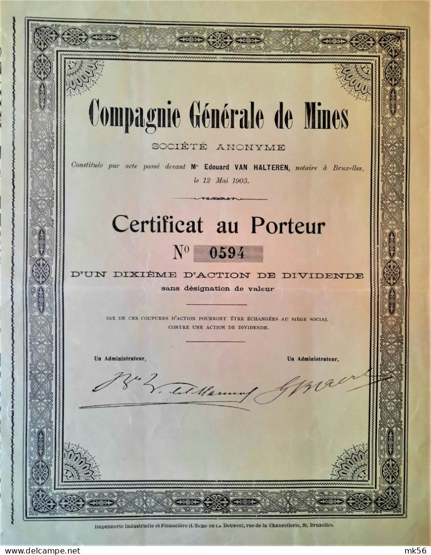 Compagnie Générale De Mines - Certificat Au Porteur - 12 Mai 1903 - Mijnen