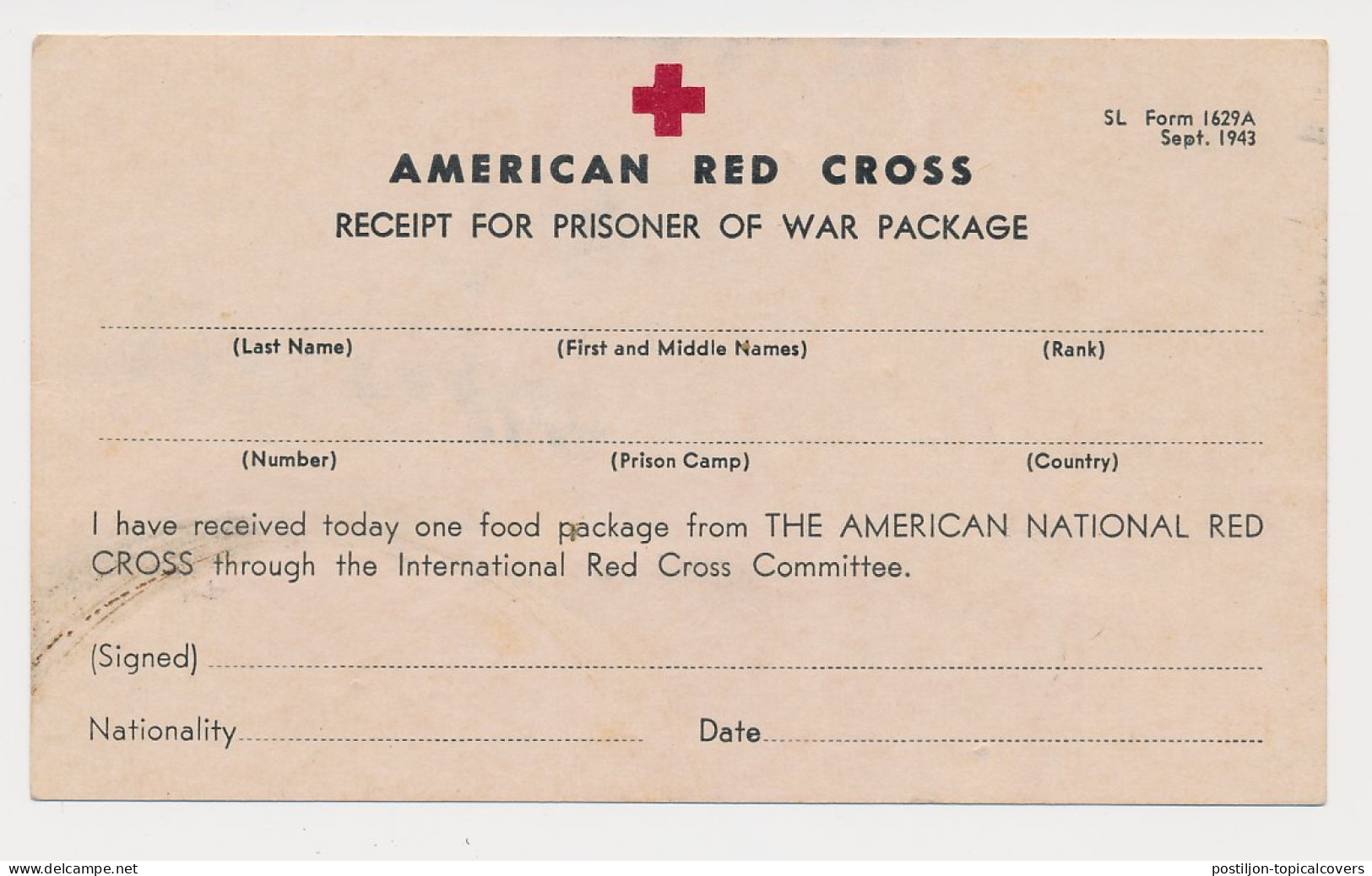 Unused American Red Cross POW Food Parcel Card - Dai Nippon N.I. - Netherlands Indies