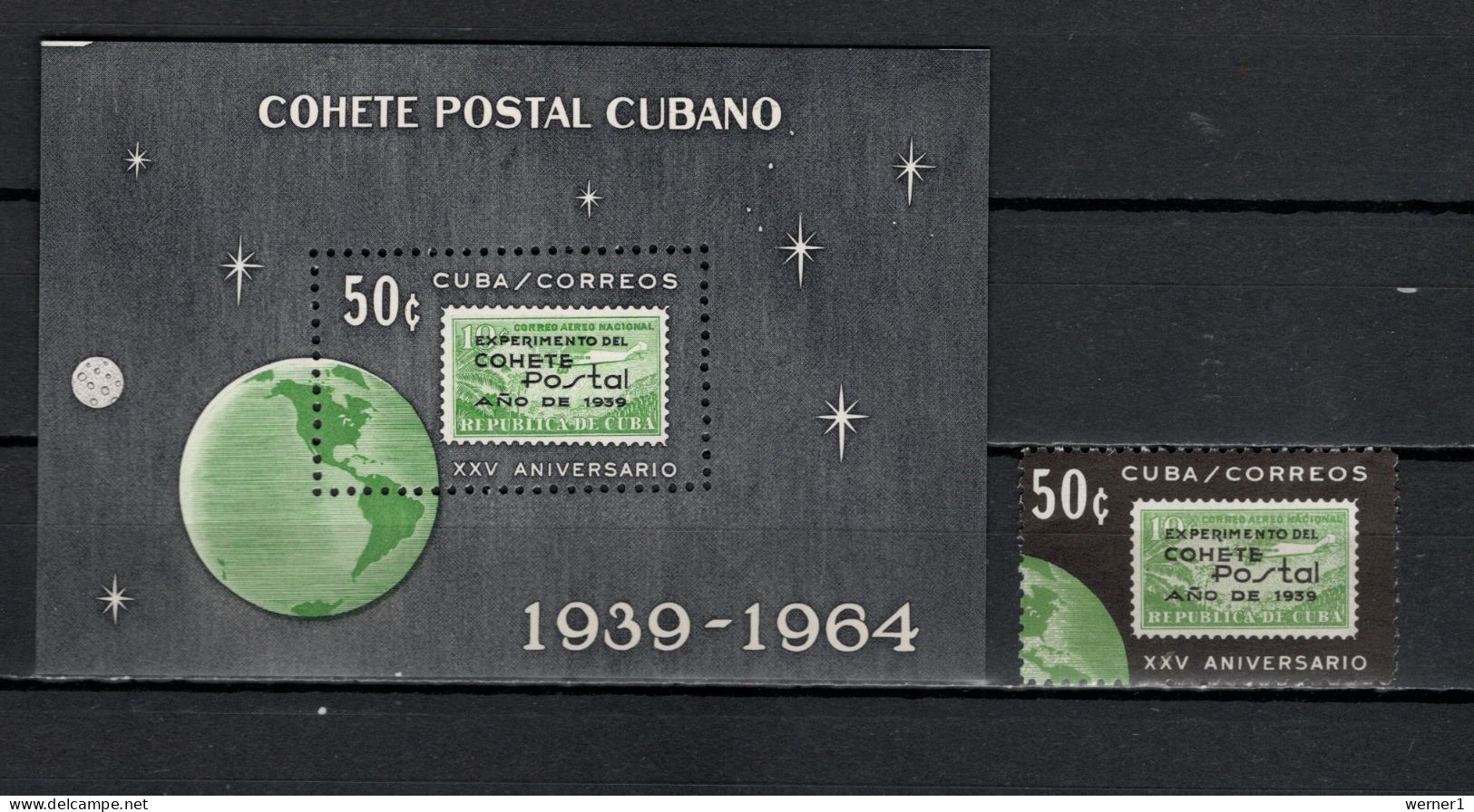 Cuba 1964 Space, 25th Anniversary Of First Rocket Mail Flight Stamp + S/s MNH - Nordamerika