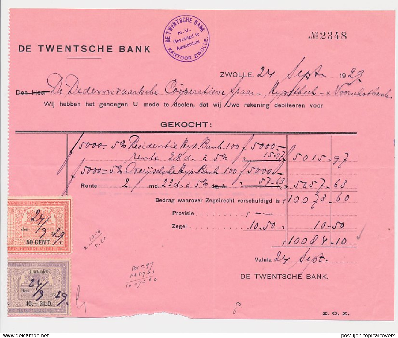 Beursbelasting 50 CENT / 10.- GLD. Den 19.. - Zwolle 1930 - Revenue Stamps