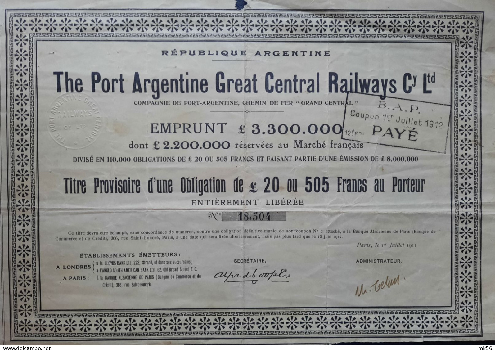 The Port Argentine Great Central Railways Cy Ltd - 1911 - Obligation De £ 20 - Railway & Tramway