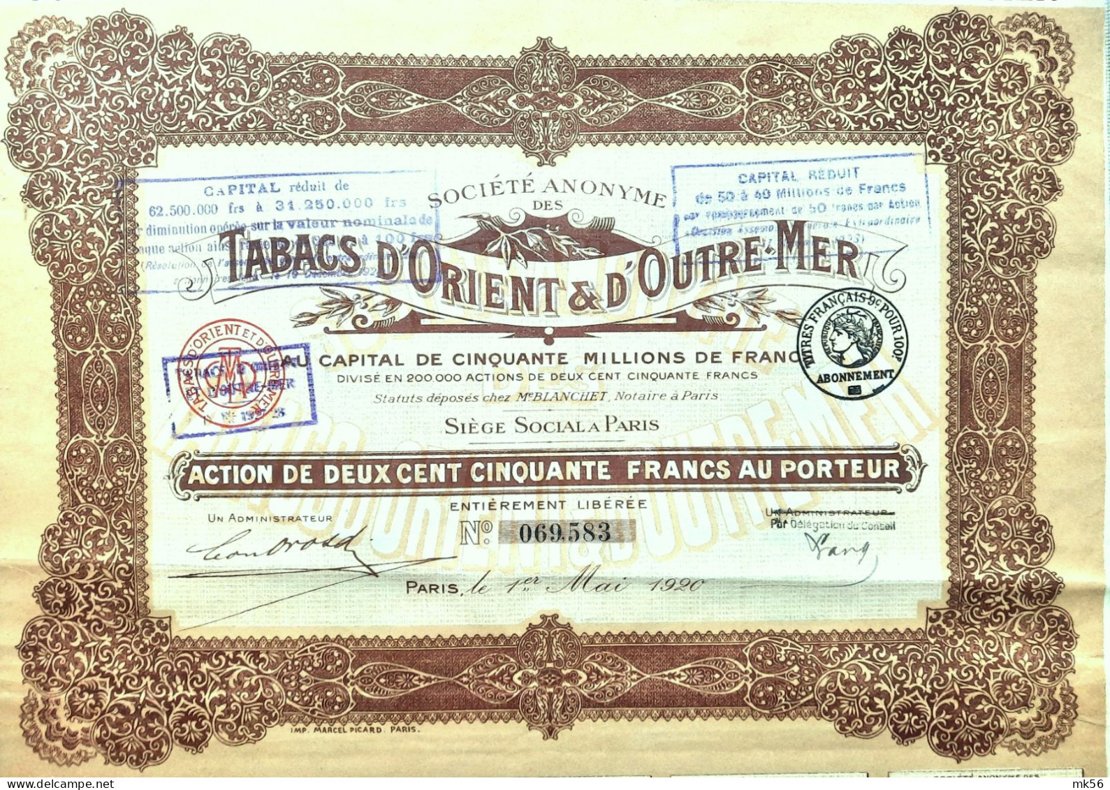 S.A. Tabacs D'Orient Et D'Outremer - Paris - Action De 250 Francs - 1920 - Agricultura