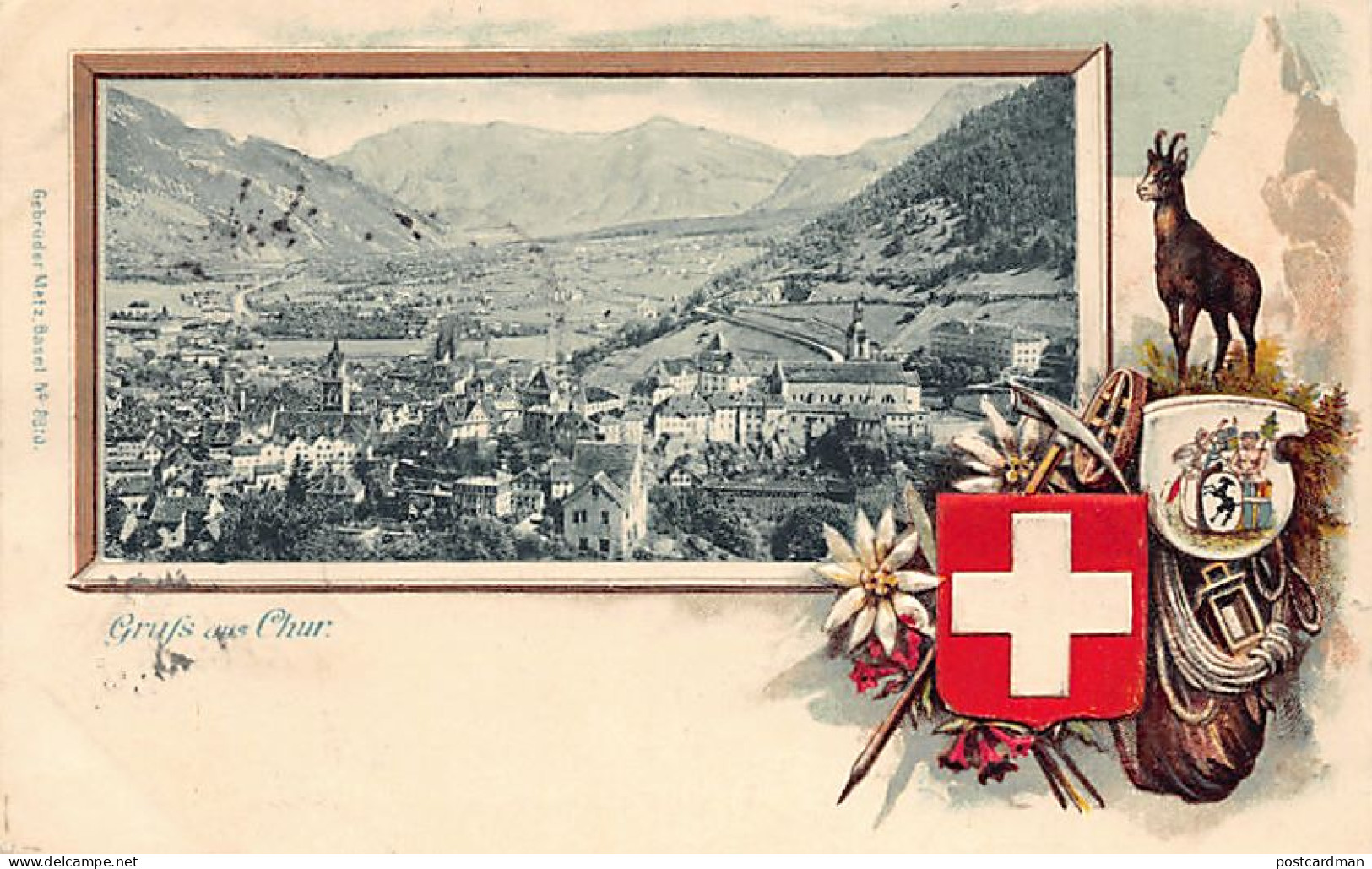 Chur (GR) Totalansicht - Geprägte Schweizer Wappen - Verlag G. Metz 8810 - Churwalden