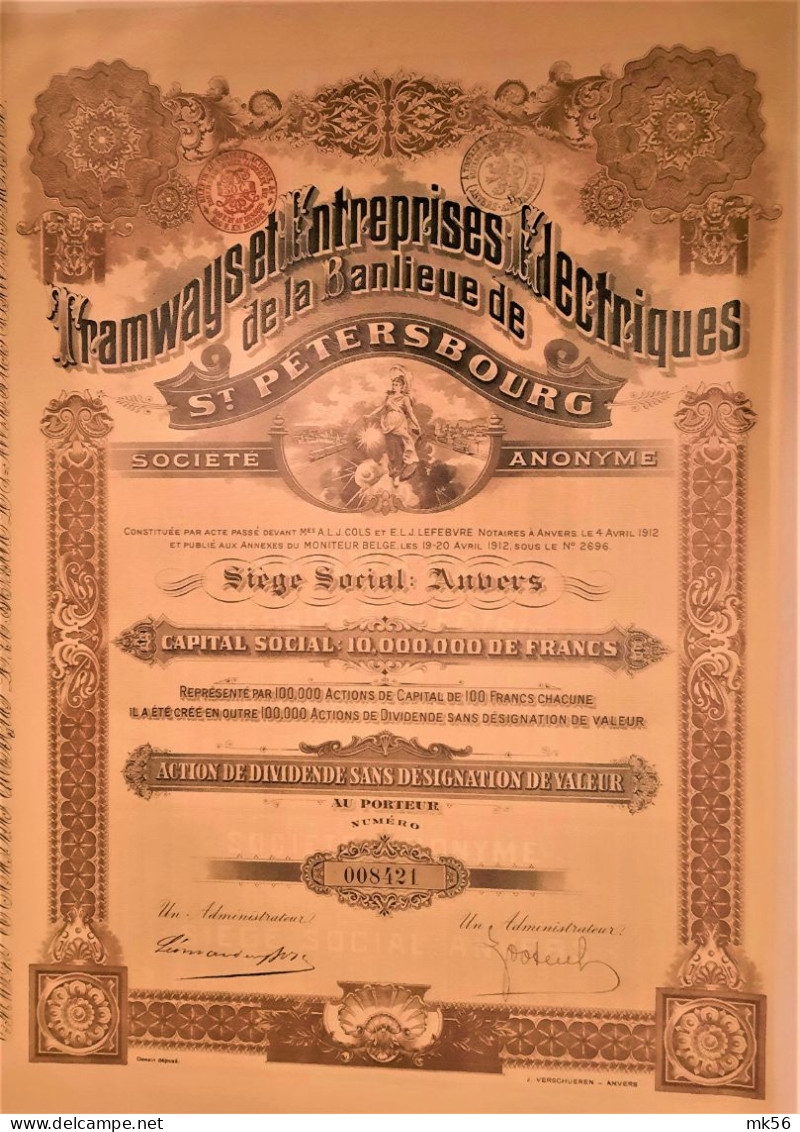 S.A Tramways Et Entreprises Electriques De La Banlieu De St.Petersbourg  Action De Dividende  (1912) - Bahnwesen & Tramways