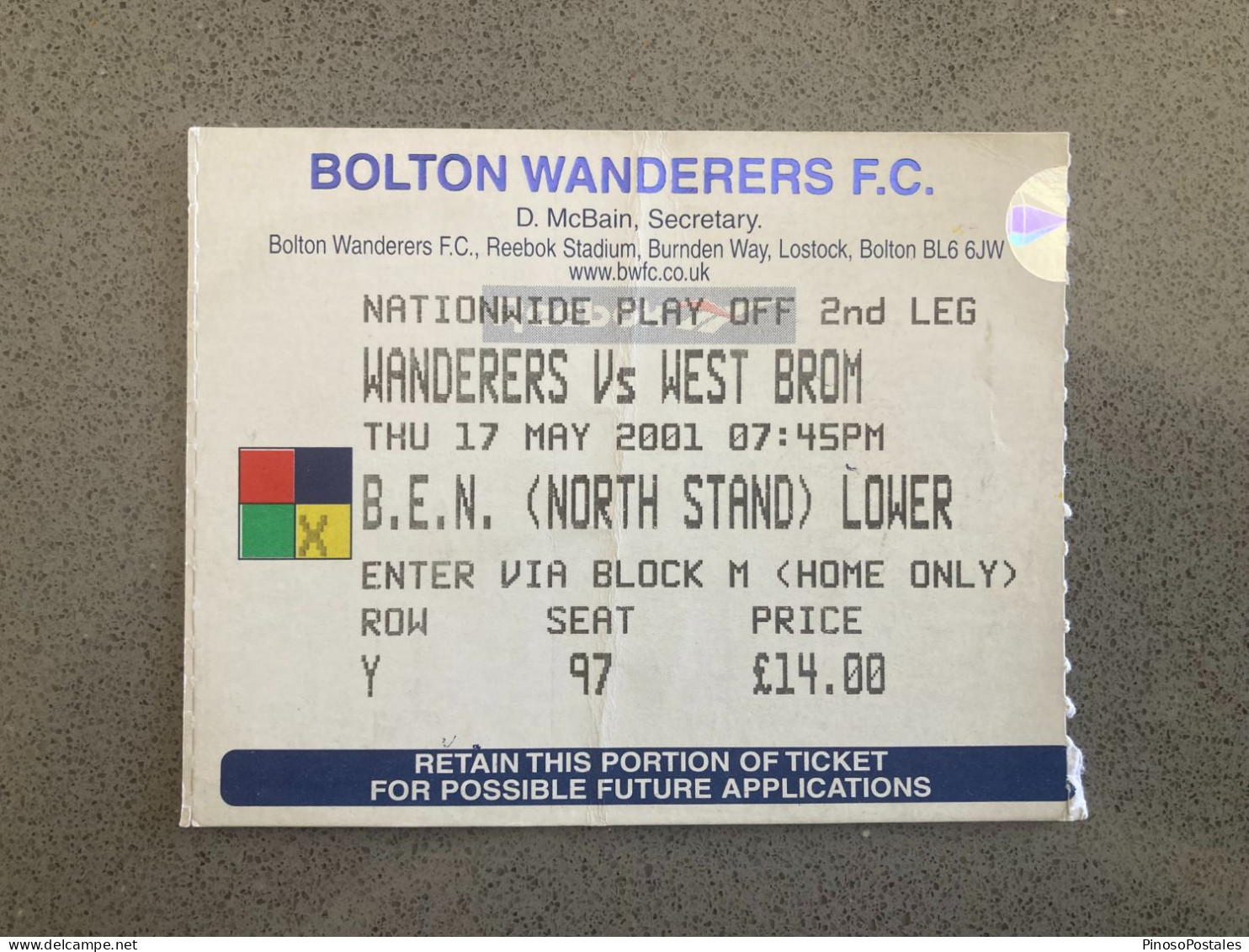 Bolton Wanderers V West Bromwich Albion 2000-01 Match Ticket - Eintrittskarten