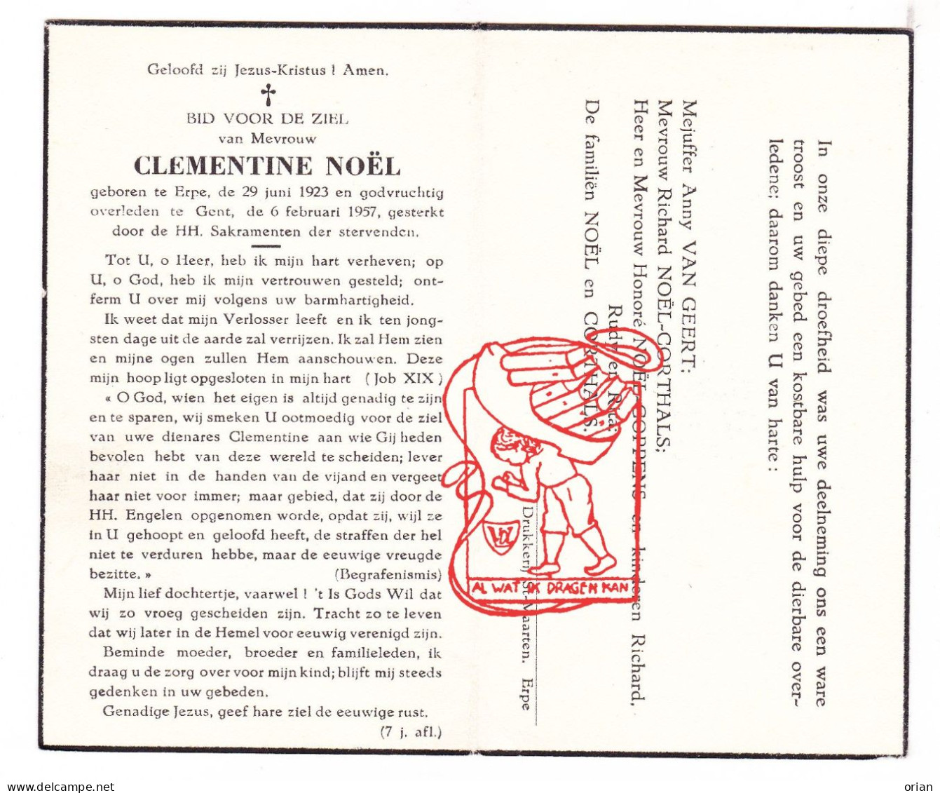 DP Clementine Noël ° Erpe Erpe-Mere 1923 † Gent 1957 // Van Geert Corthals Coppens - Images Religieuses