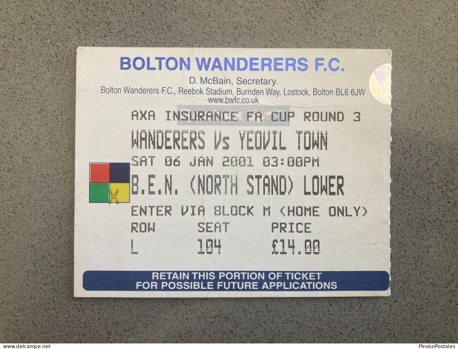 Bolton Wanderers V Yeovil Town 2000-01 Match Ticket - Eintrittskarten