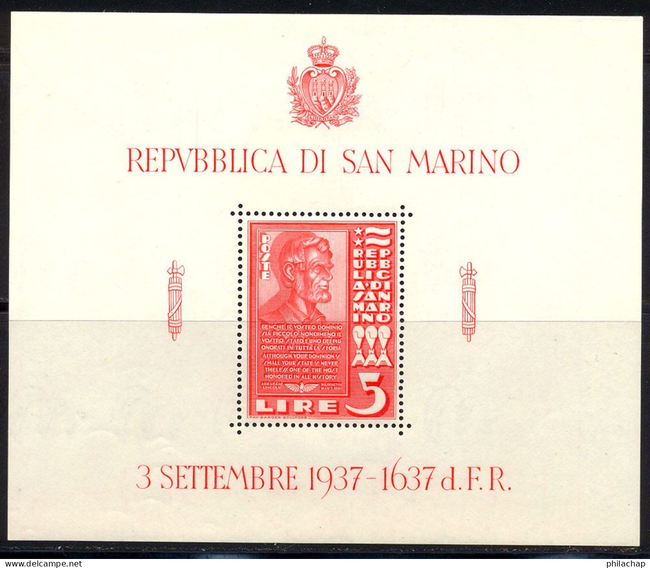 Saint-Marin BF 1938 Yvert 3 ** TB - Blocks & Sheetlets